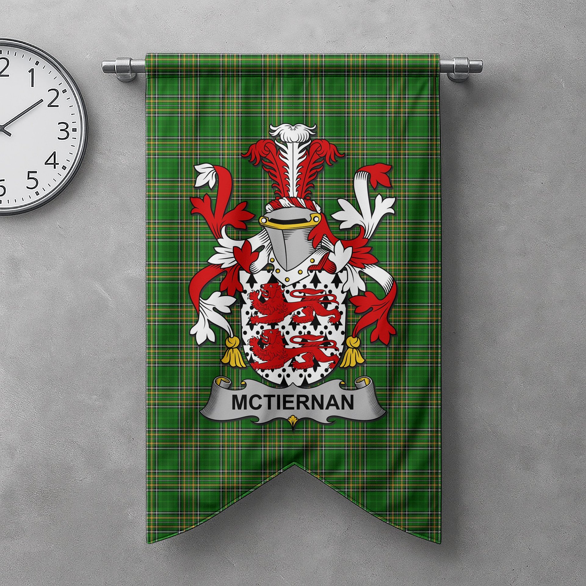 ScotsTee Shop Irish McTiernan or Kiernan Clan Coat of Arms Irish Tartan Gonfalon Flag
