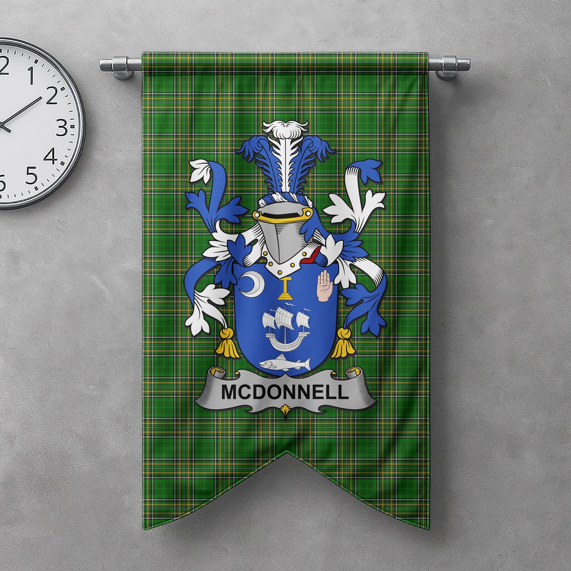 ScotsTee Shop Irish McDonnell Clan Coat of Arms Irish Tartan Gonfalon Flag