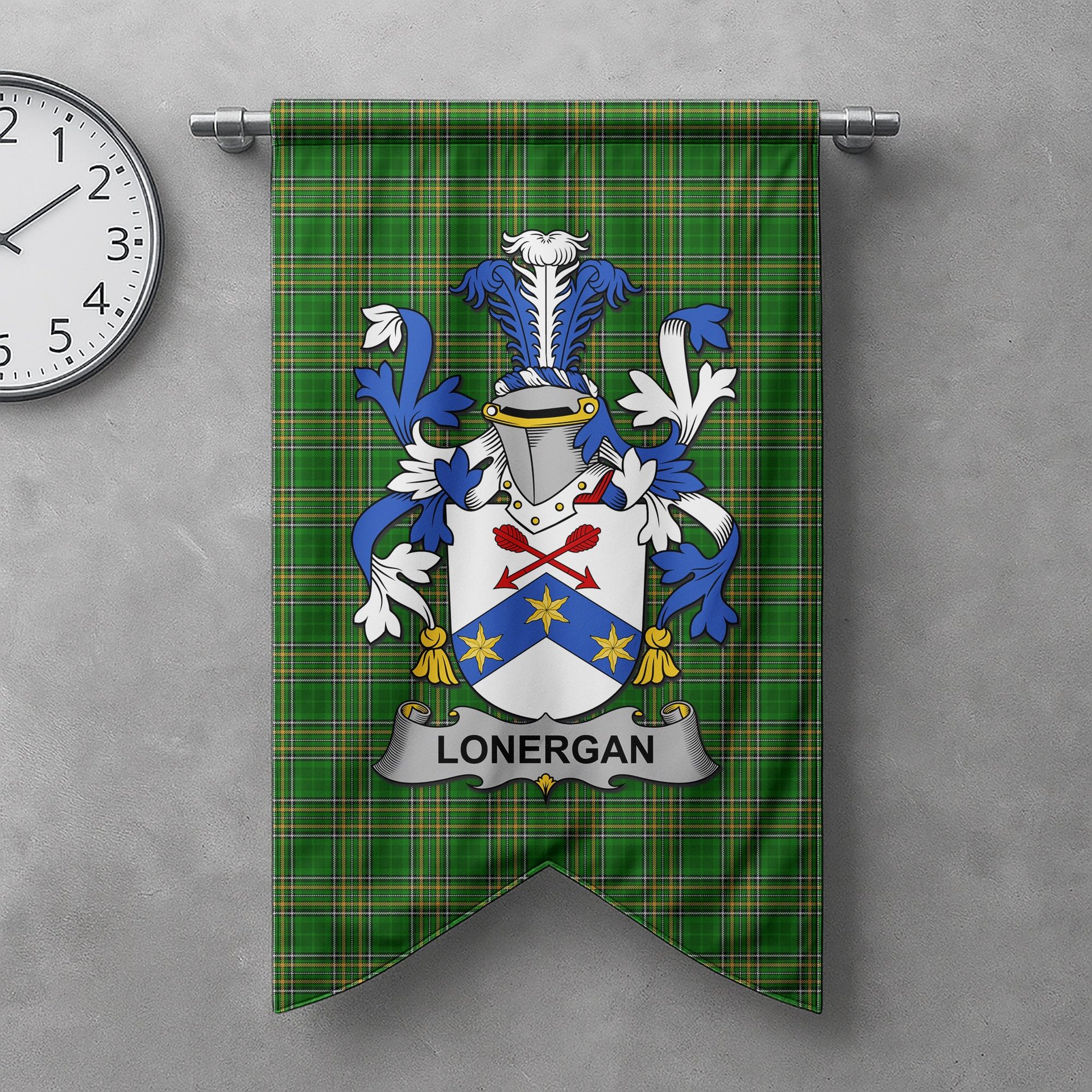 ScotsTee Shop Irish Lonergan or O'Lonergan Clan Coat of Arms Irish Tartan Gonfalon Flag