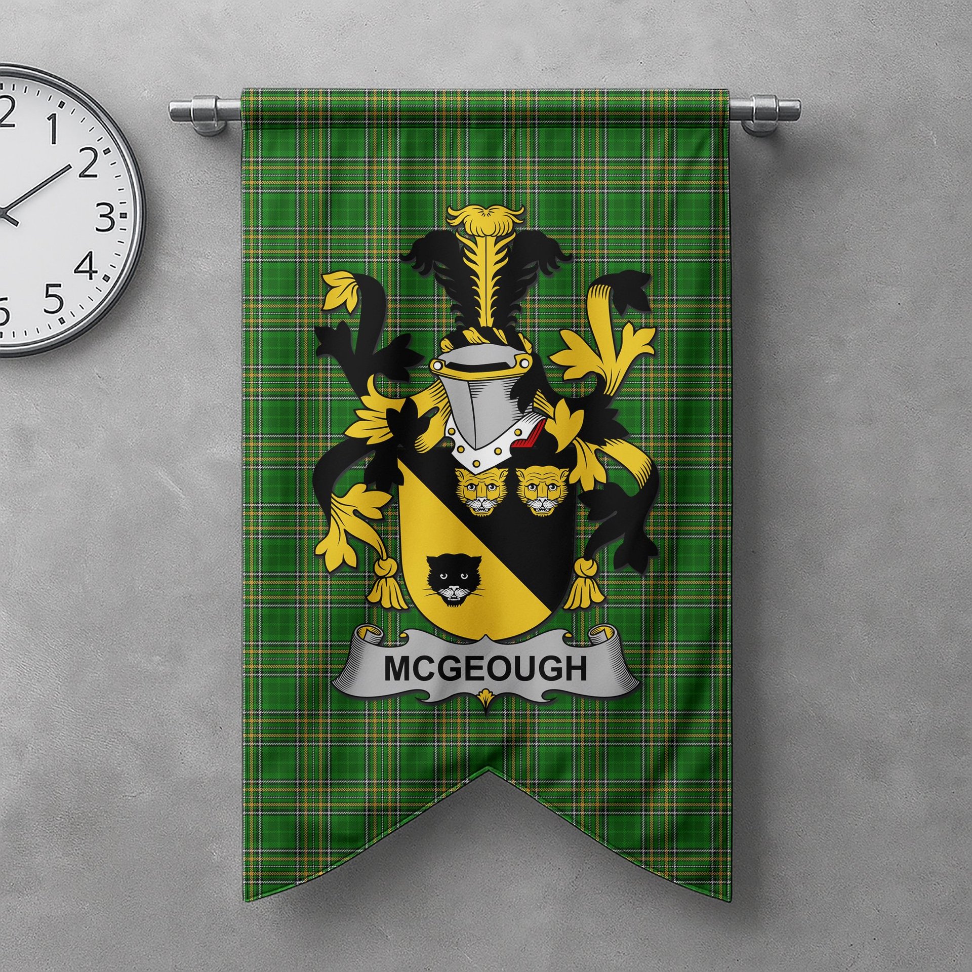 ScotsTee Shop Irish McGeough or McGough Clan Coat of Arms Irish Tartan Gonfalon Flag