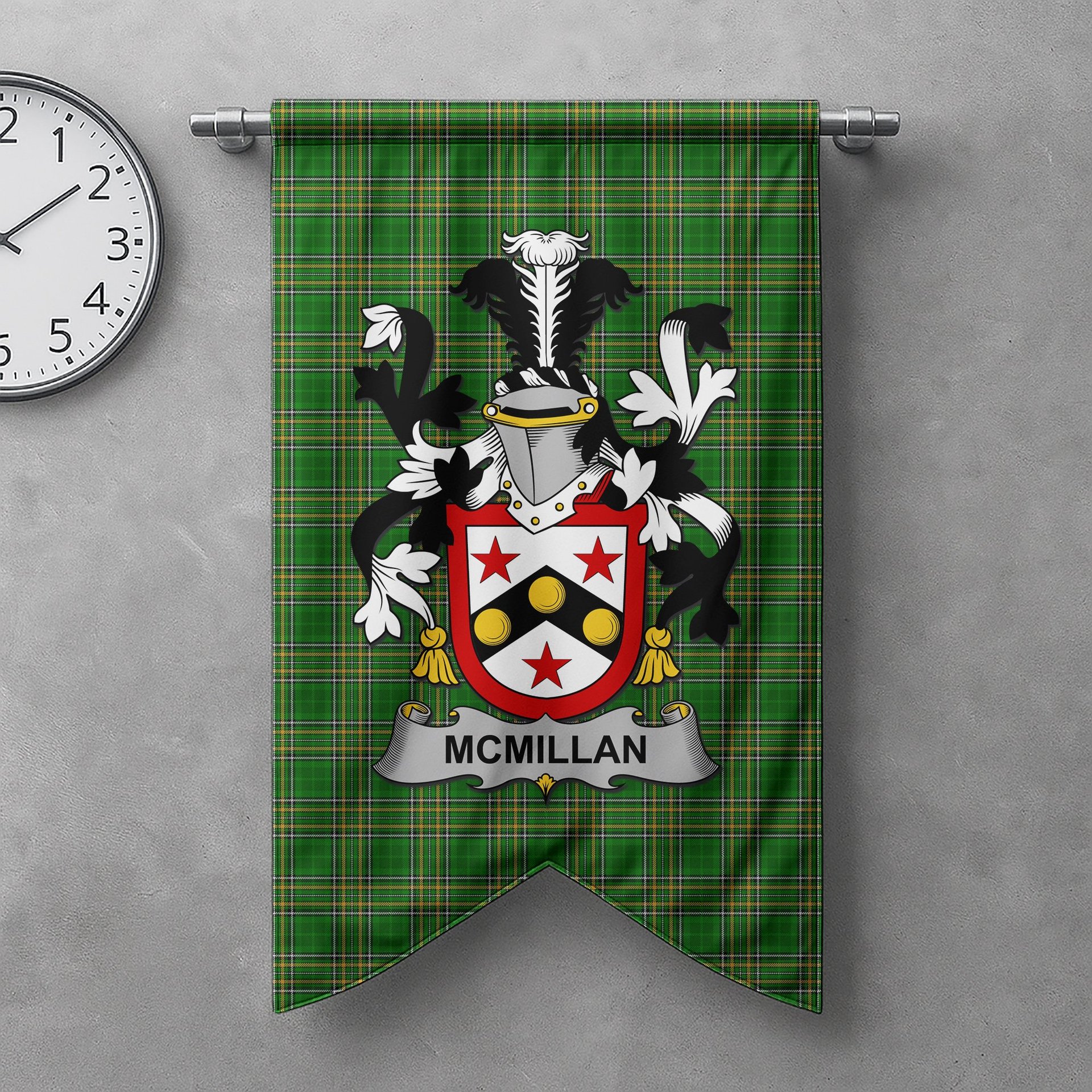 ScotsTee Shop Irish McMillan Clan Coat of Arms Irish Tartan Gonfalon Flag