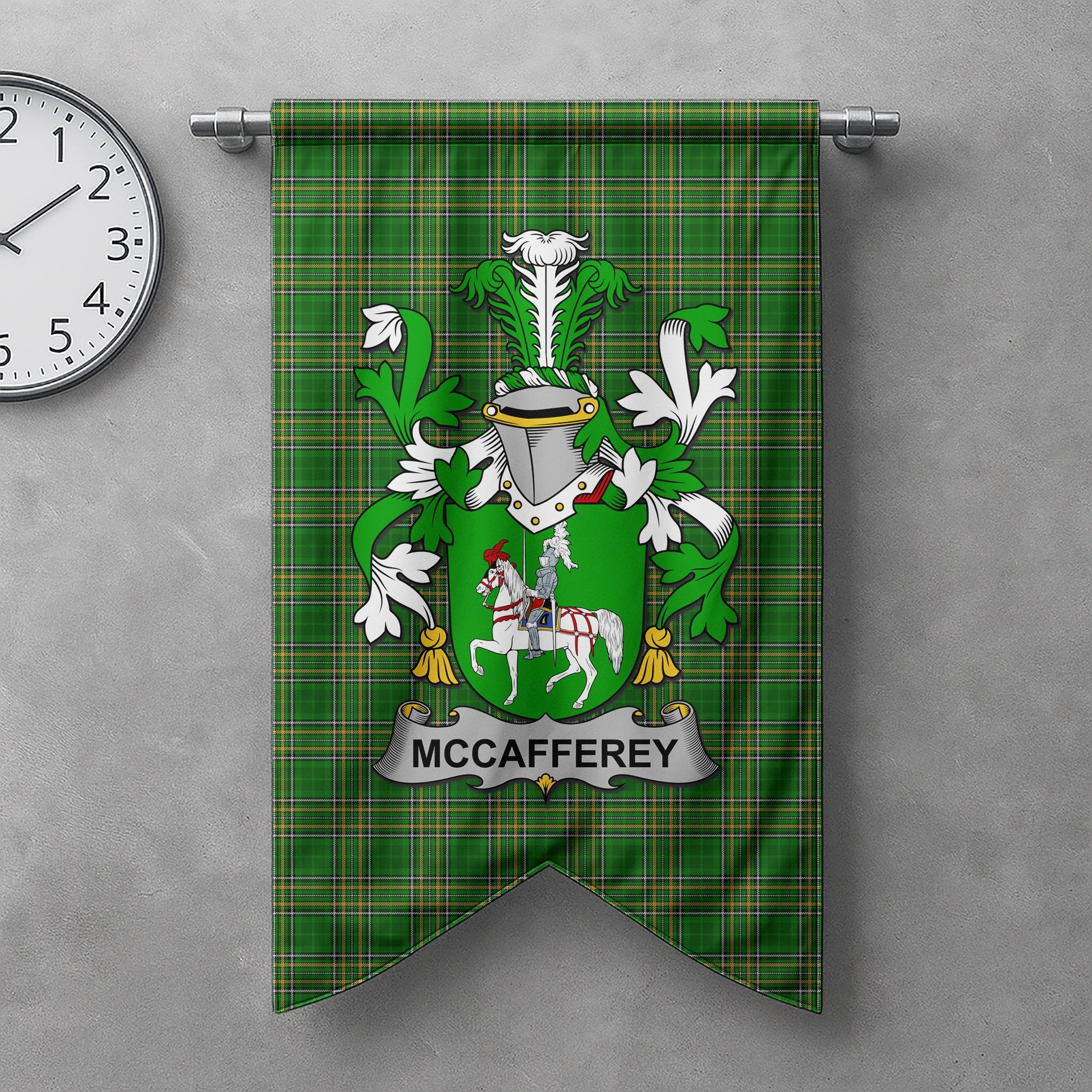 ScotsTee Shop Irish McCafferey or McCaffrey Clan Coat of Arms Irish Tartan Gonfalon Flag
