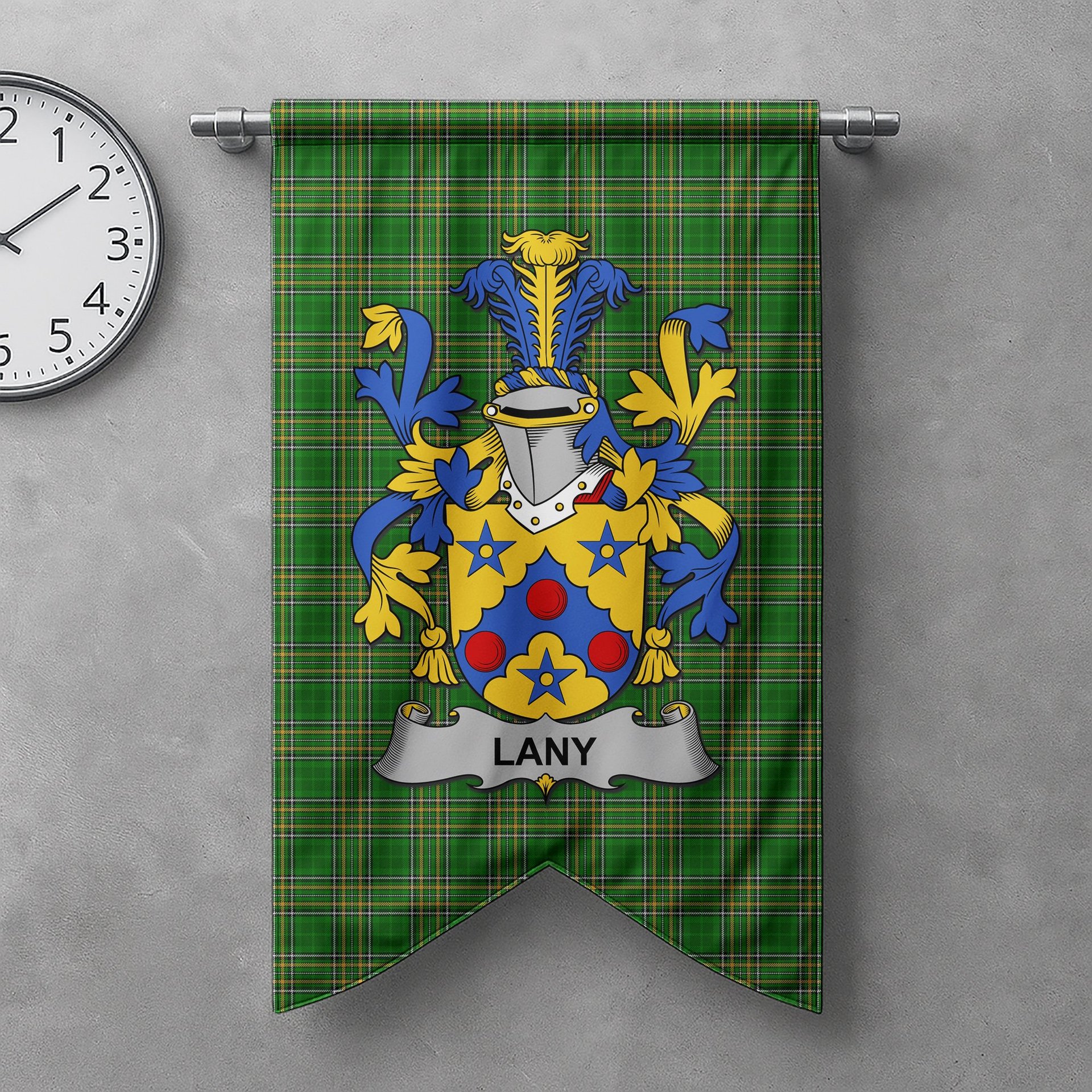 ScotsTee Shop Irish Lany or Laney Clan Coat of Arms Irish Tartan Gonfalon Flag