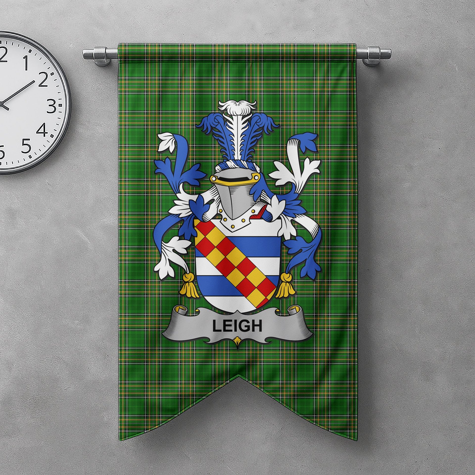 ScotsTee Shop Irish Leigh or McLaeghis Clan Coat of Arms Irish Tartan Gonfalon Flag