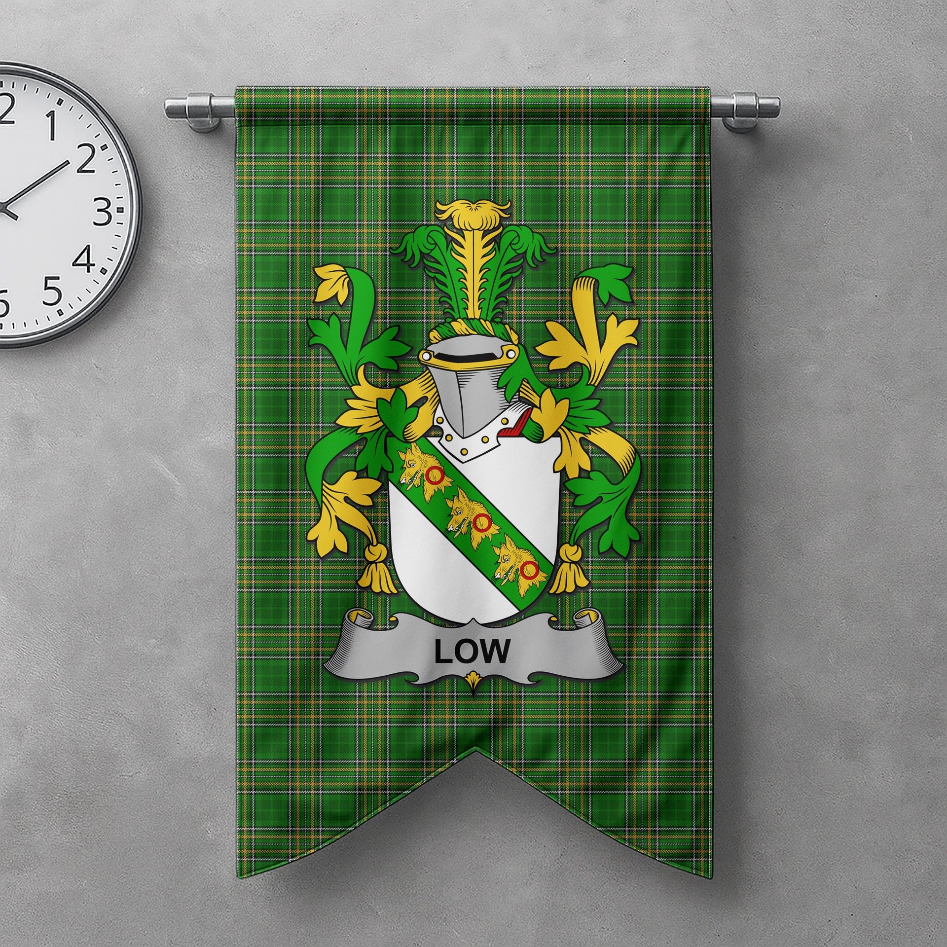 ScotsTee Shop Irish Low Clan Coat of Arms Irish Tartan Gonfalon Flag