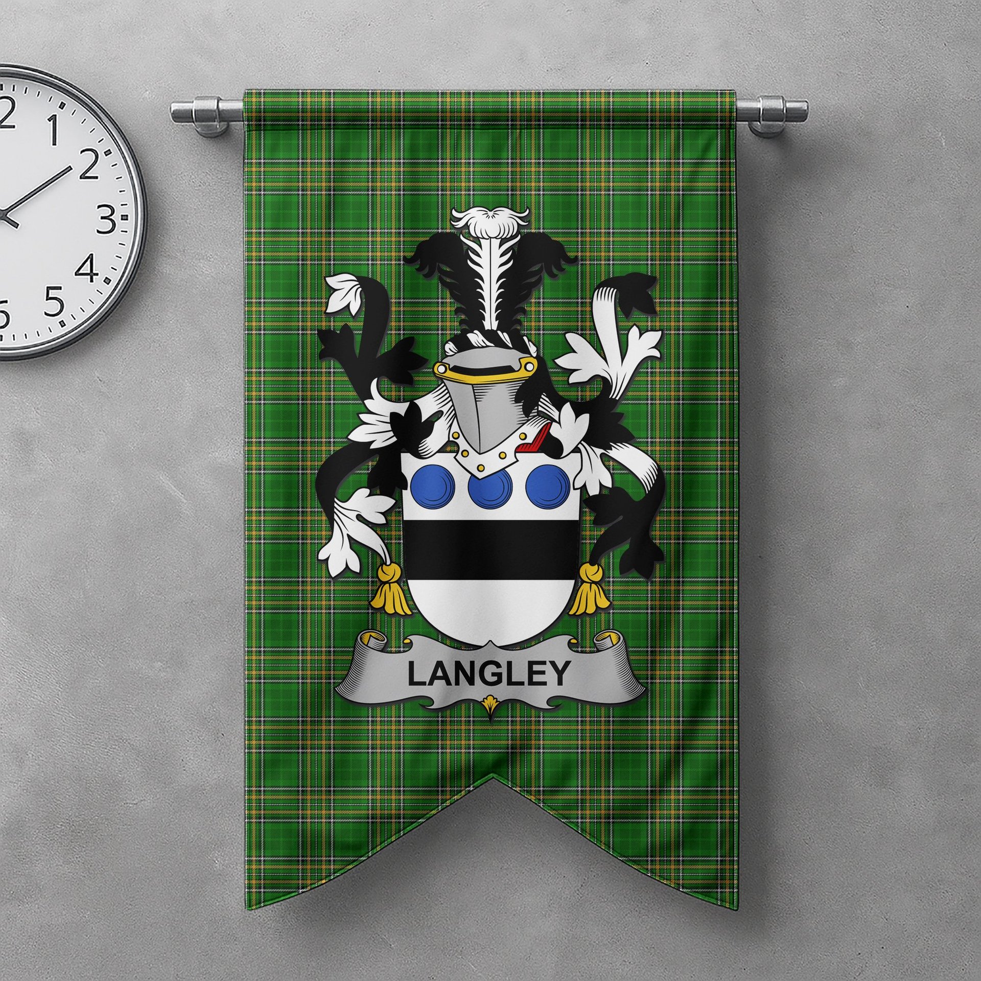 ScotsTee Shop Irish Langley Clan Coat of Arms Irish Tartan Gonfalon Flag