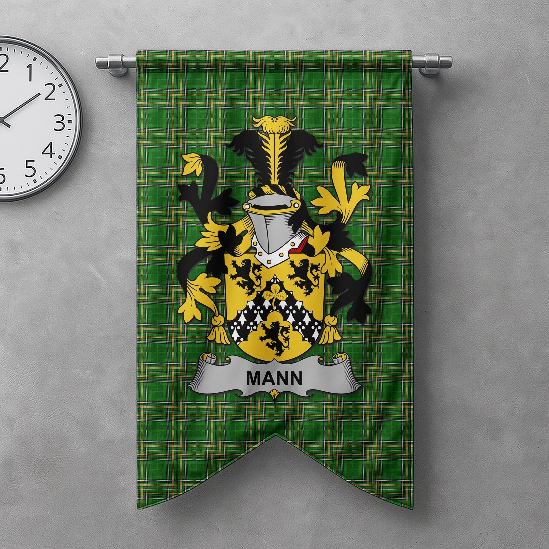ScotsTee Shop Irish Mann Clan Coat of Arms Irish Tartan Gonfalon Flag