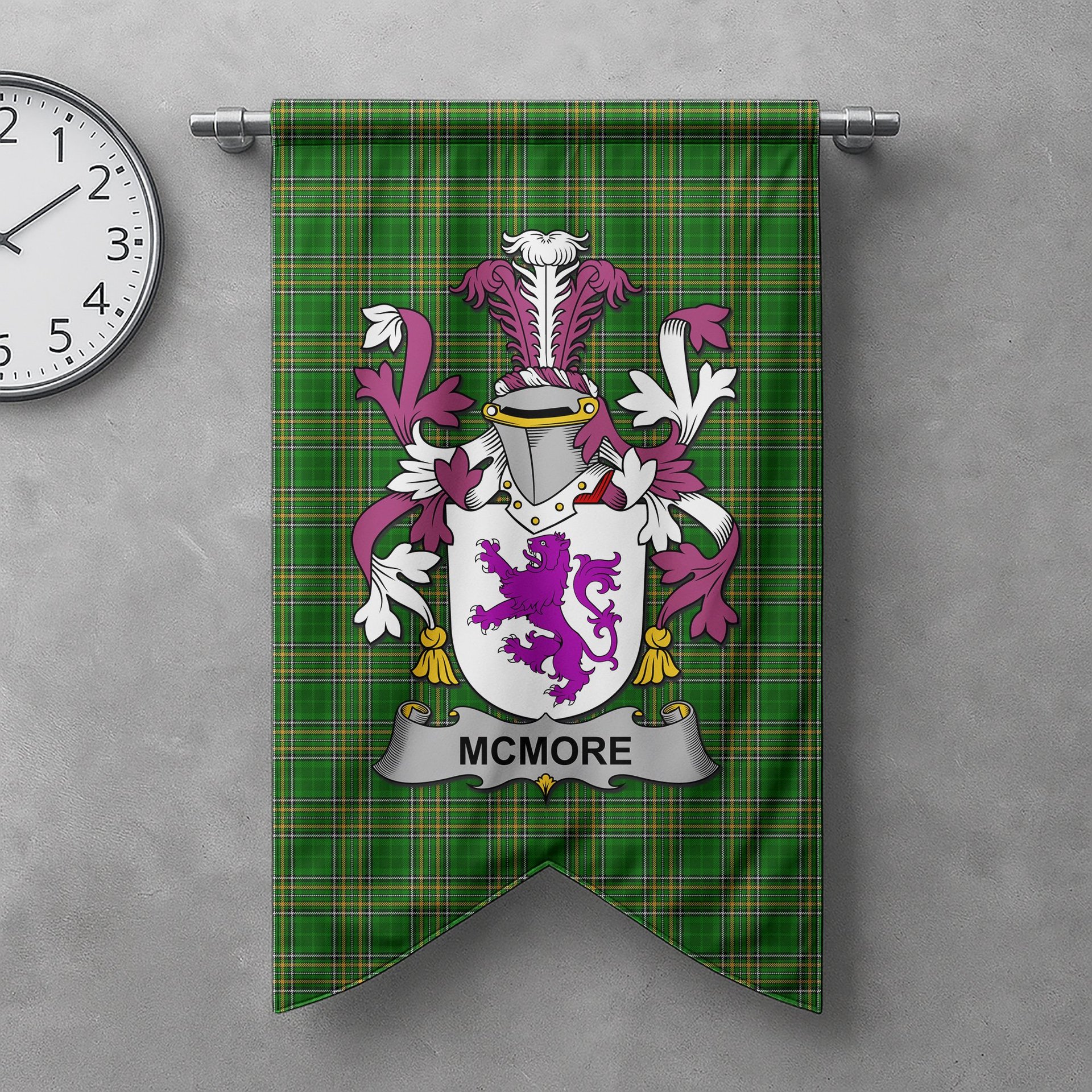 ScotsTee Shop Irish McMore or More Clan Coat of Arms Irish Tartan Gonfalon Flag