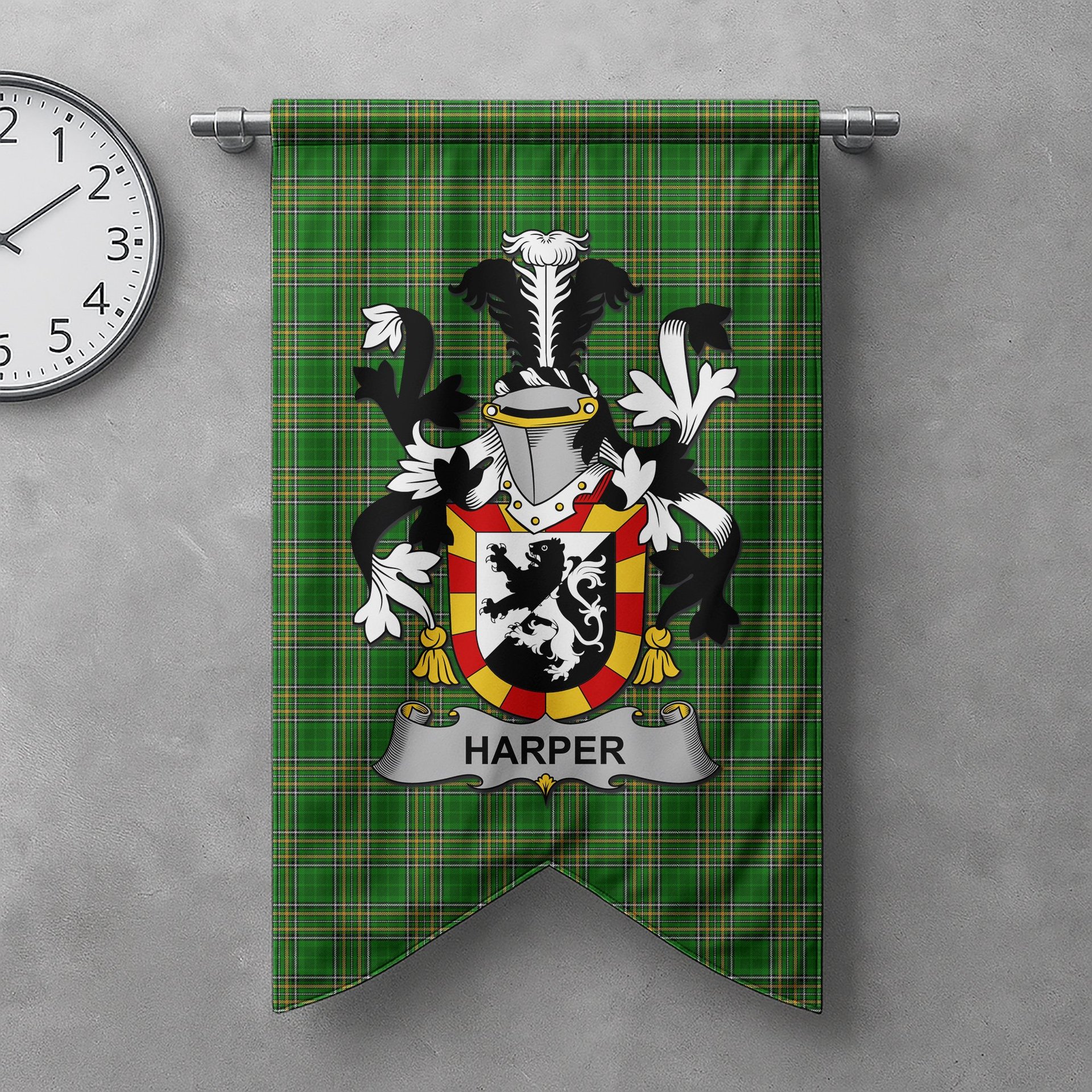 ScotsTee Shop Irish Harper Clan Coat of Arms Irish Tartan Gonfalon Flag