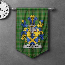 ScotsTee Shop Irish Markham Clan Coat of Arms Irish Tartan Gonfalon Flag