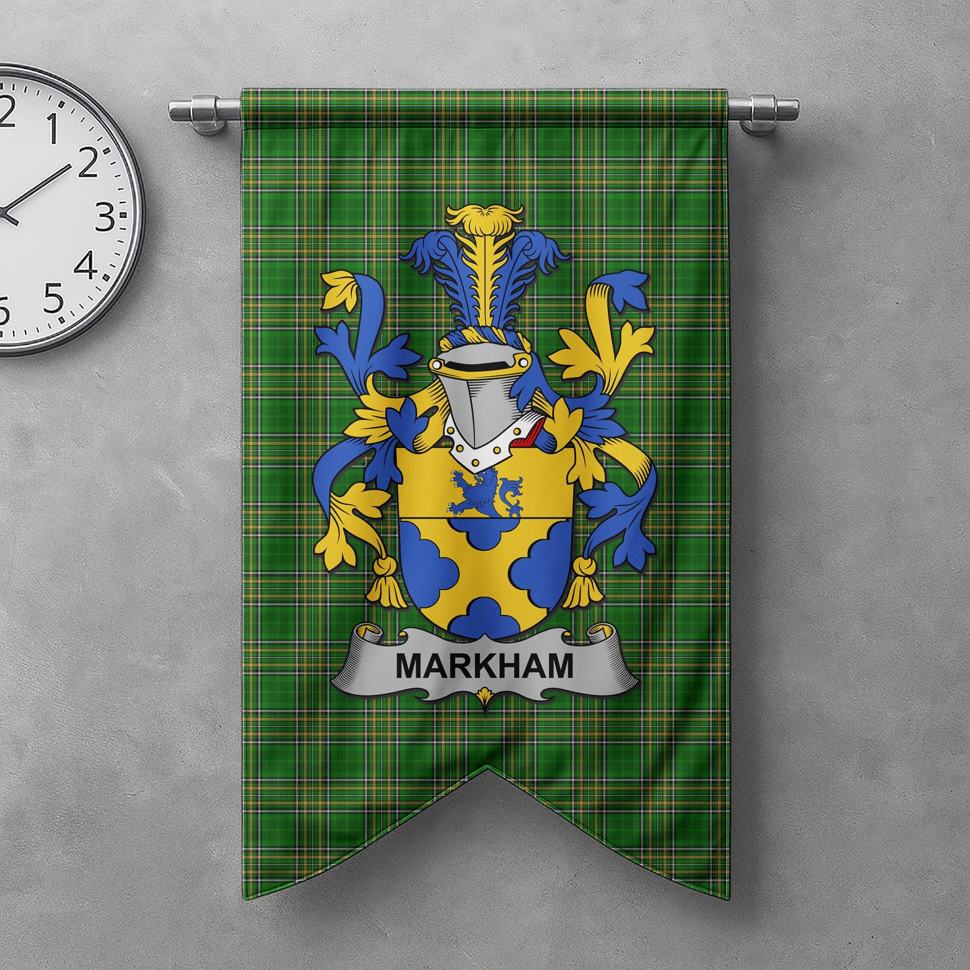 ScotsTee Shop Irish Markham Clan Coat of Arms Irish Tartan Gonfalon Flag