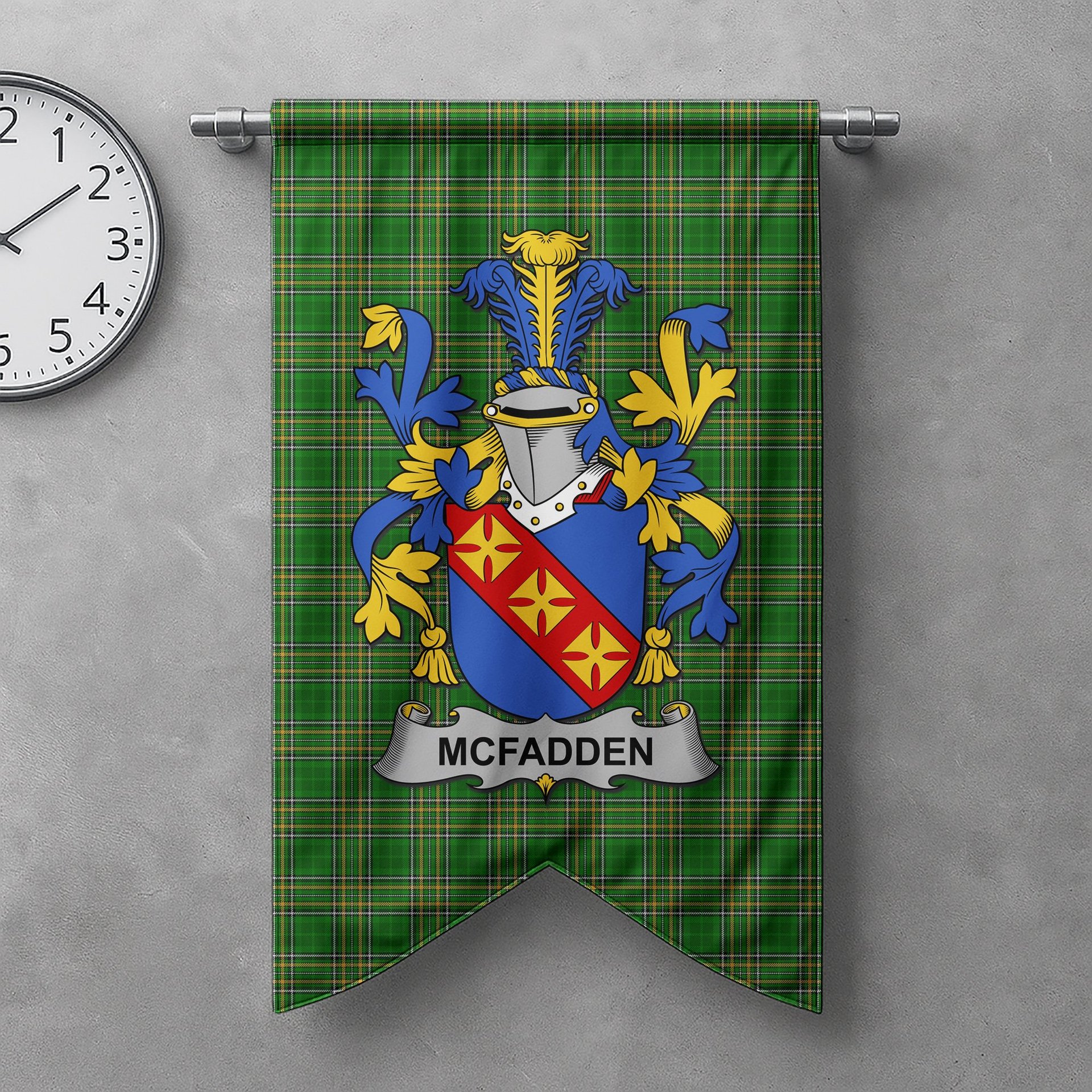 ScotsTee Shop Irish McFadden or McFadyen Clan Coat of Arms Irish Tartan Gonfalon Flag