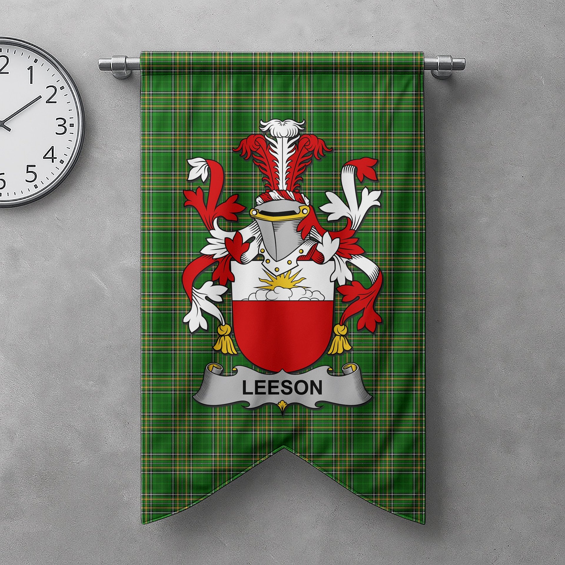 ScotsTee Shop Irish Leeson Clan Coat of Arms Irish Tartan Gonfalon Flag