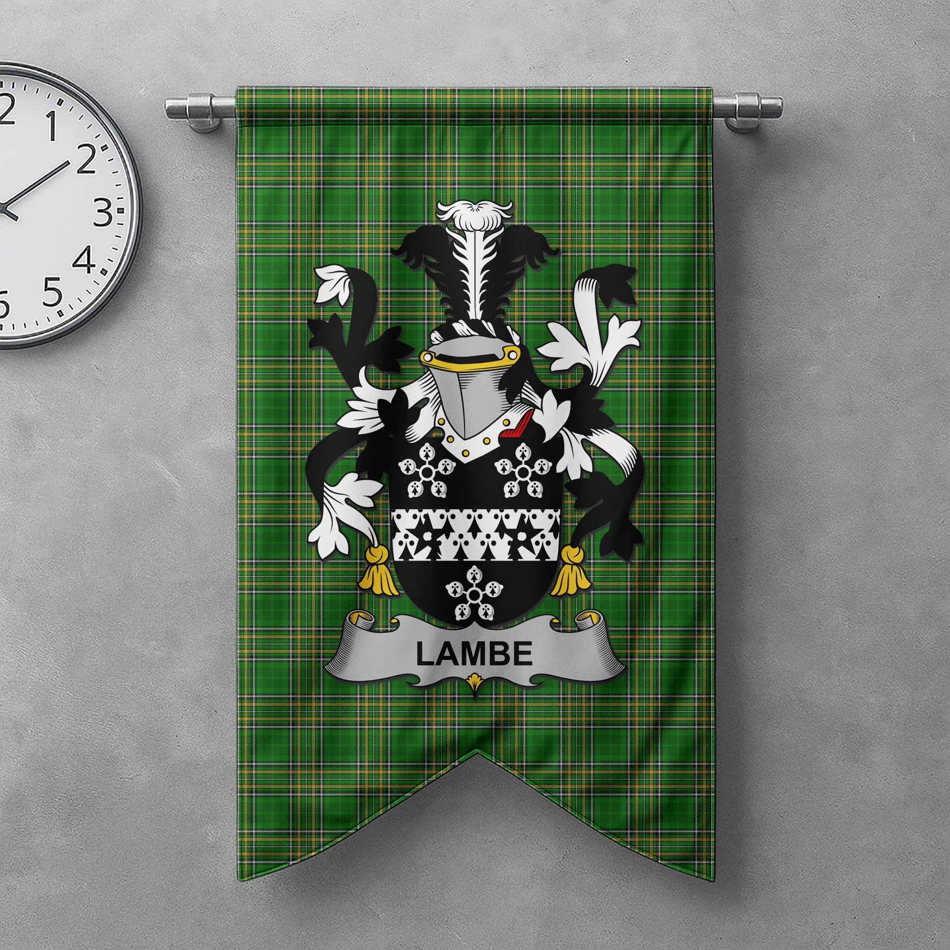 ScotsTee Shop Irish Lambe Clan Coat of Arms Irish Tartan Gonfalon Flag