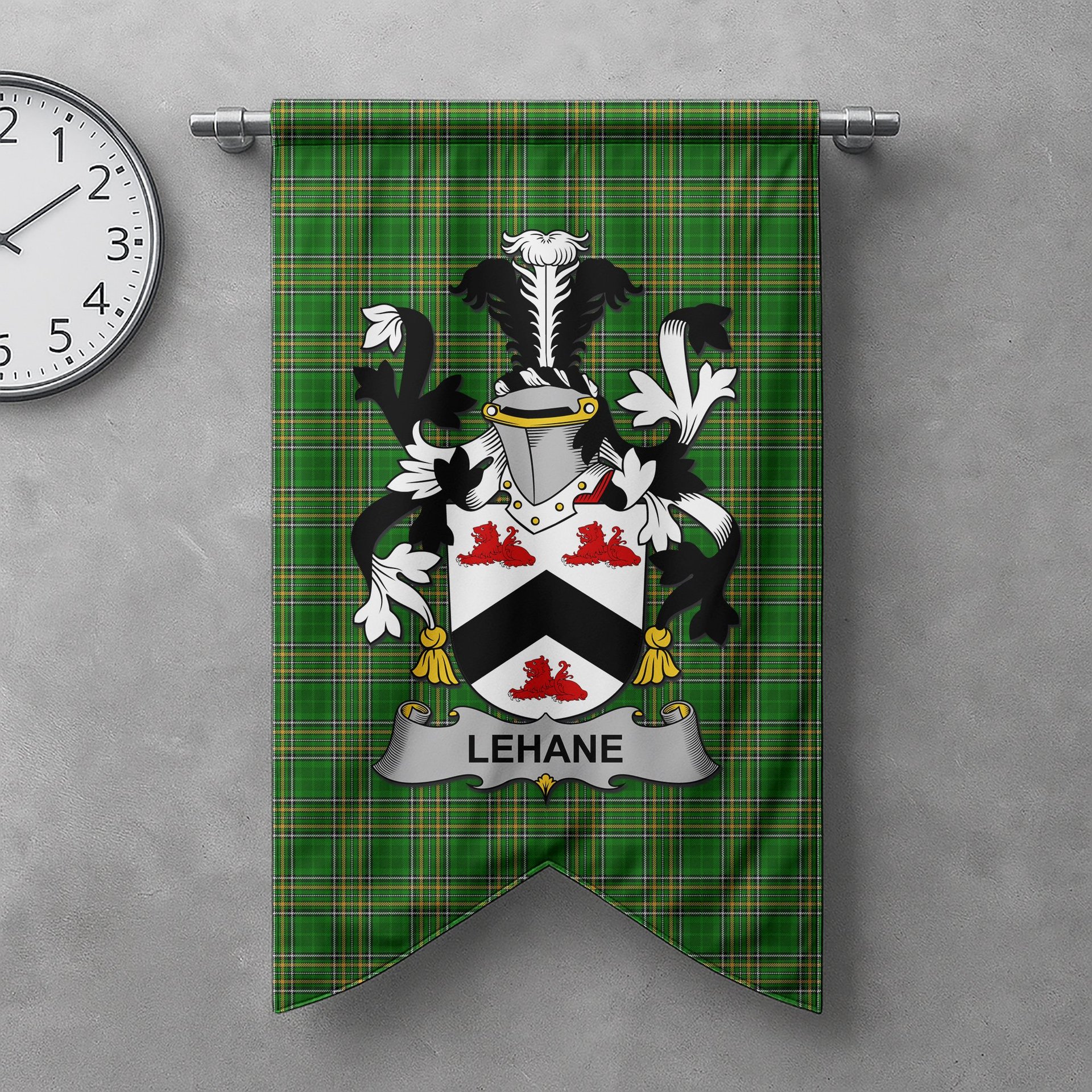 ScotsTee Shop Irish Lehane or O'Lehane Clan Coat of Arms Irish Tartan Gonfalon Flag