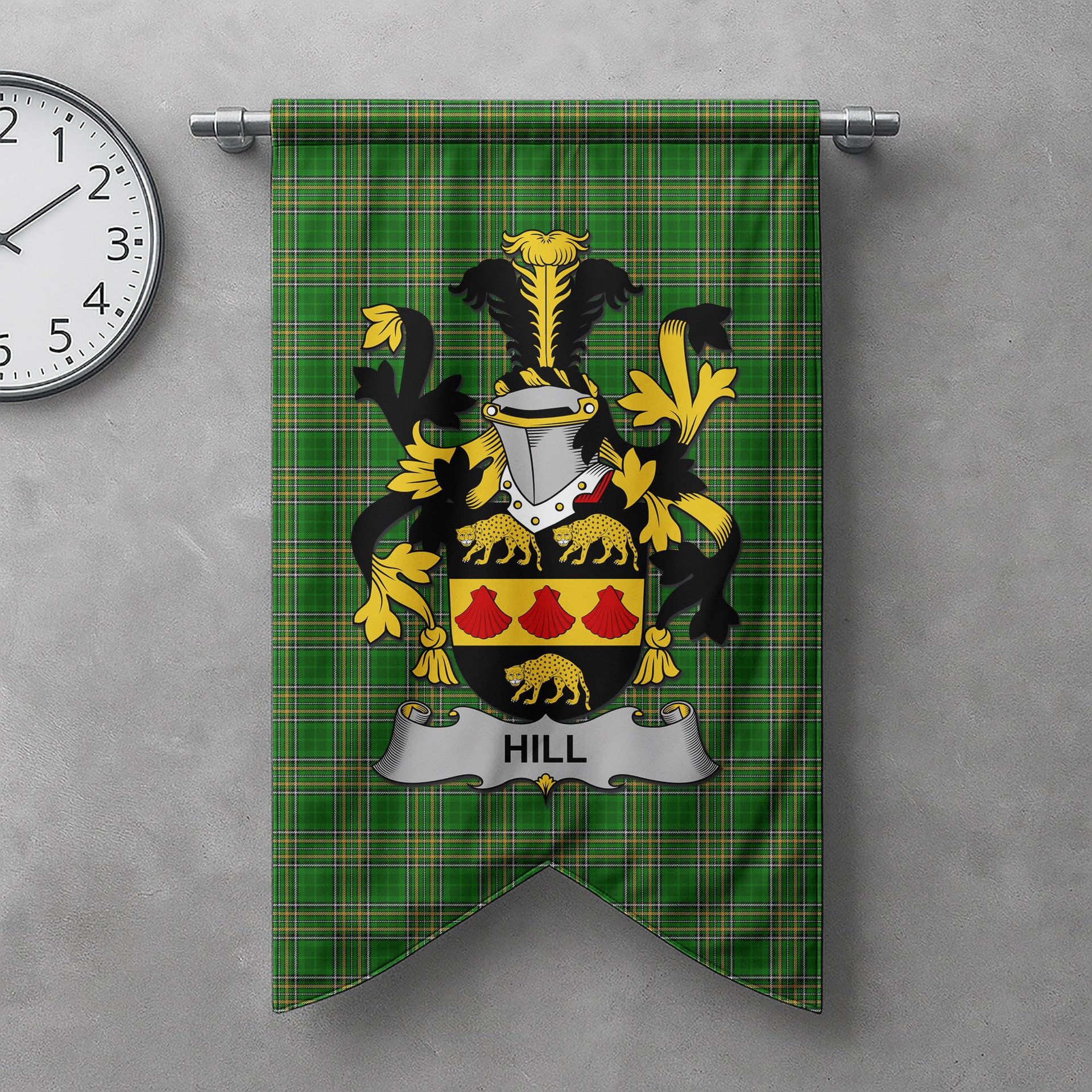 ScotsTee Shop Irish Hill Clan Coat of Arms Irish Tartan Gonfalon Flag