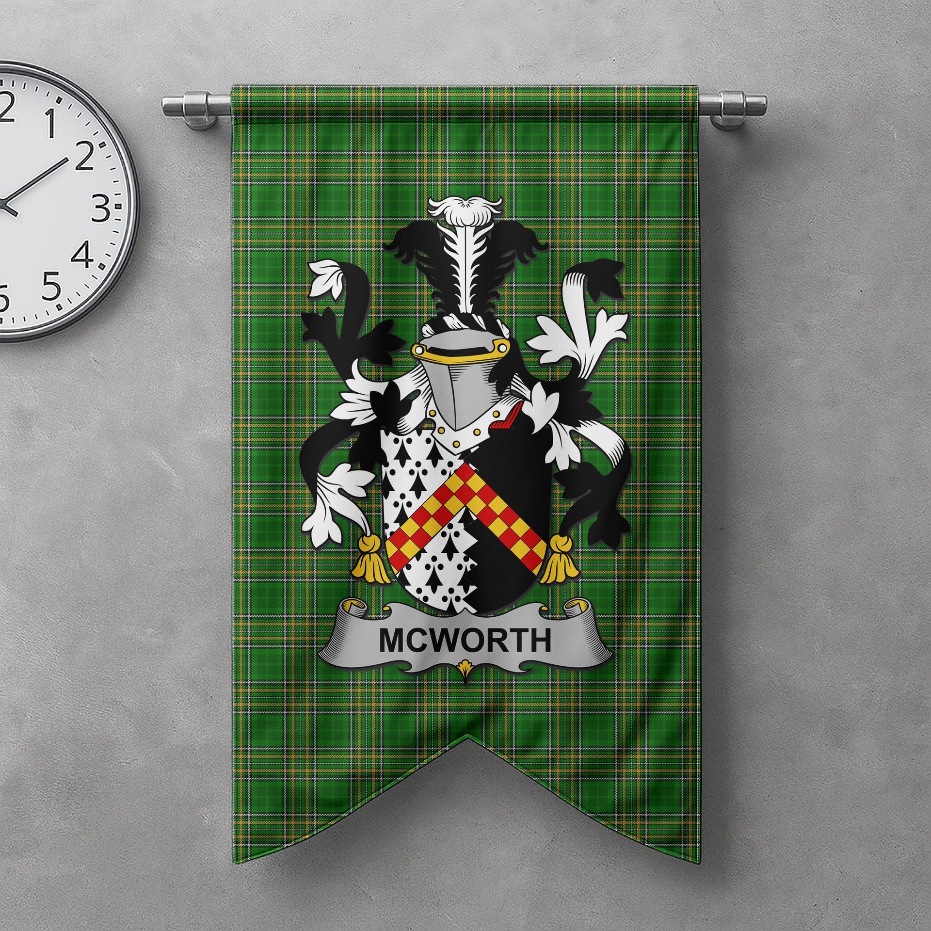 ScotsTee Shop Irish McWorth or MacWorth Clan Coat of Arms Irish Tartan Gonfalon Flag