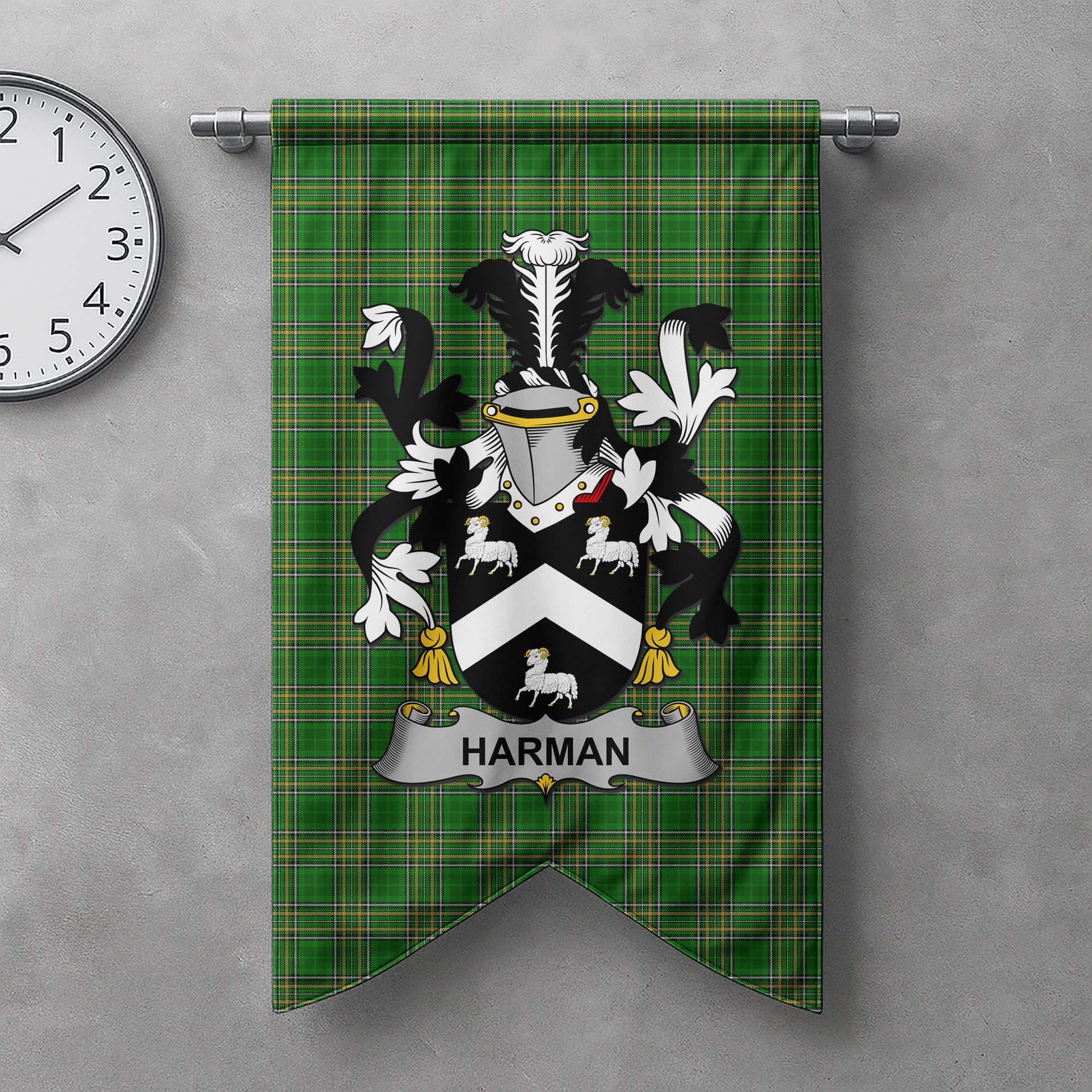 ScotsTee Shop Irish Harman Clan Coat of Arms Irish Tartan Gonfalon Flag