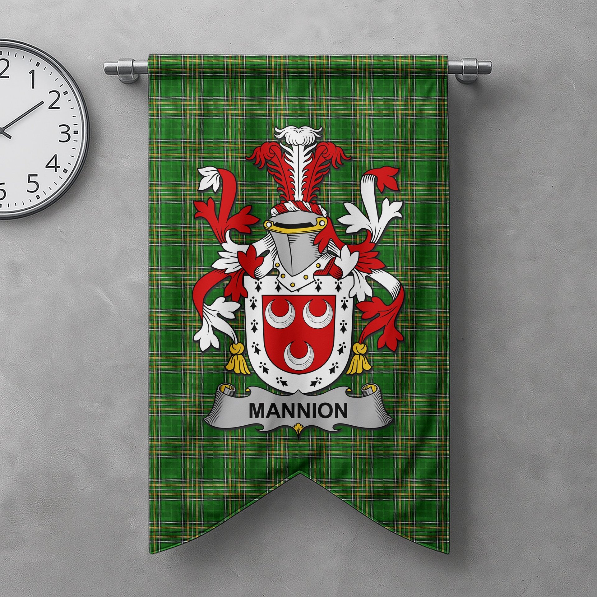 ScotsTee Shop Irish Mannion or O'Mannion Clan Coat of Arms Irish Tartan Gonfalon Flag
