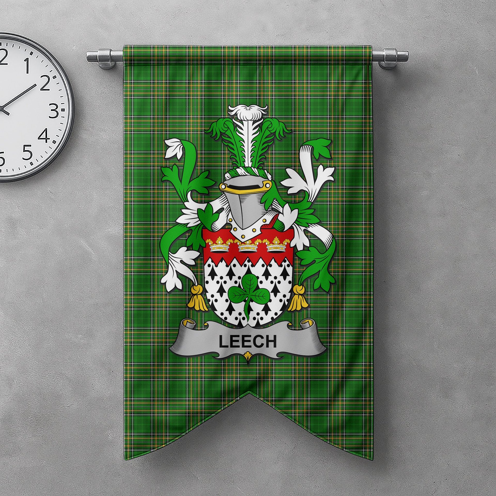 ScotsTee Shop Irish Leech Clan Coat of Arms Irish Tartan Gonfalon Flag