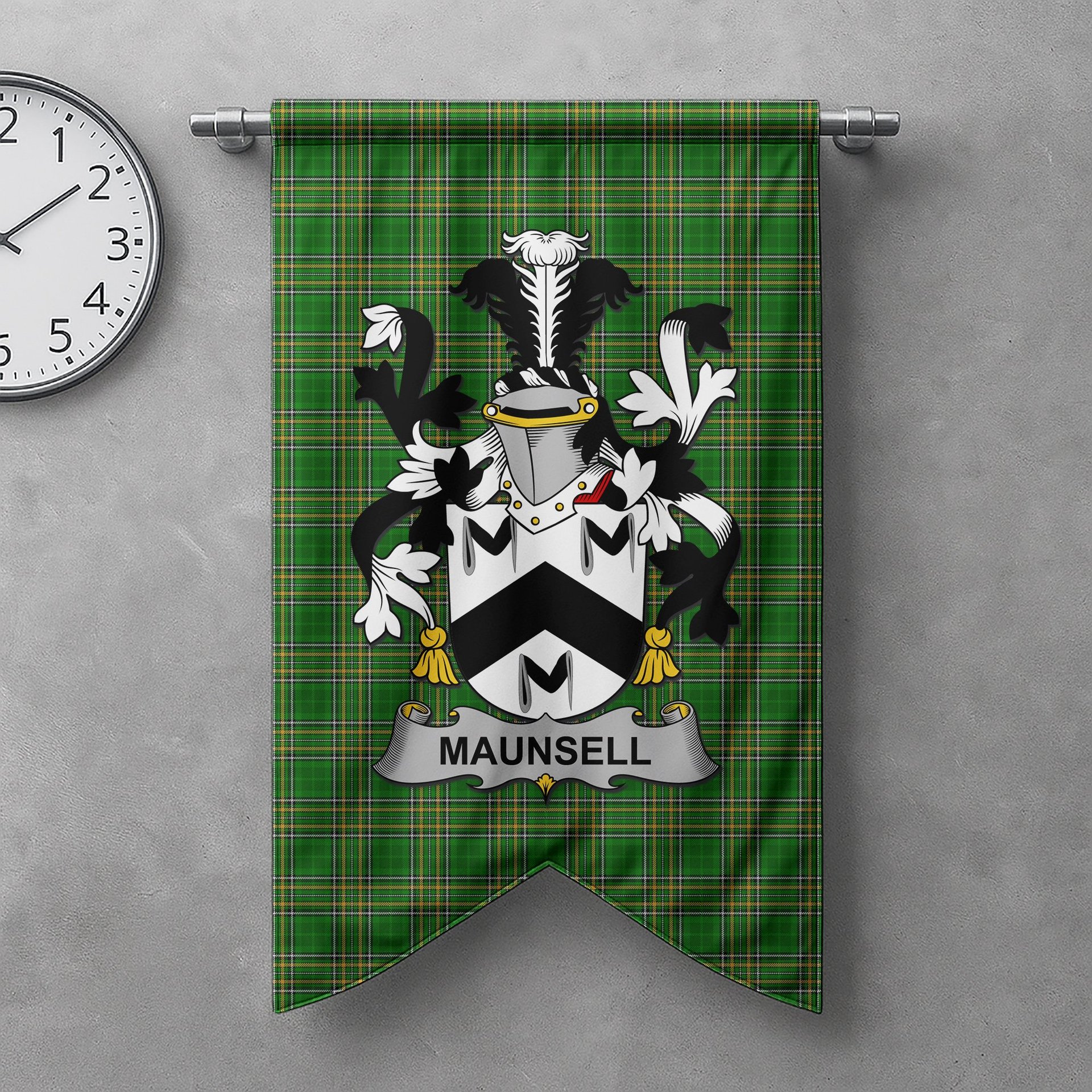 ScotsTee Shop Irish Maunsell Clan Coat of Arms Irish Tartan Gonfalon Flag