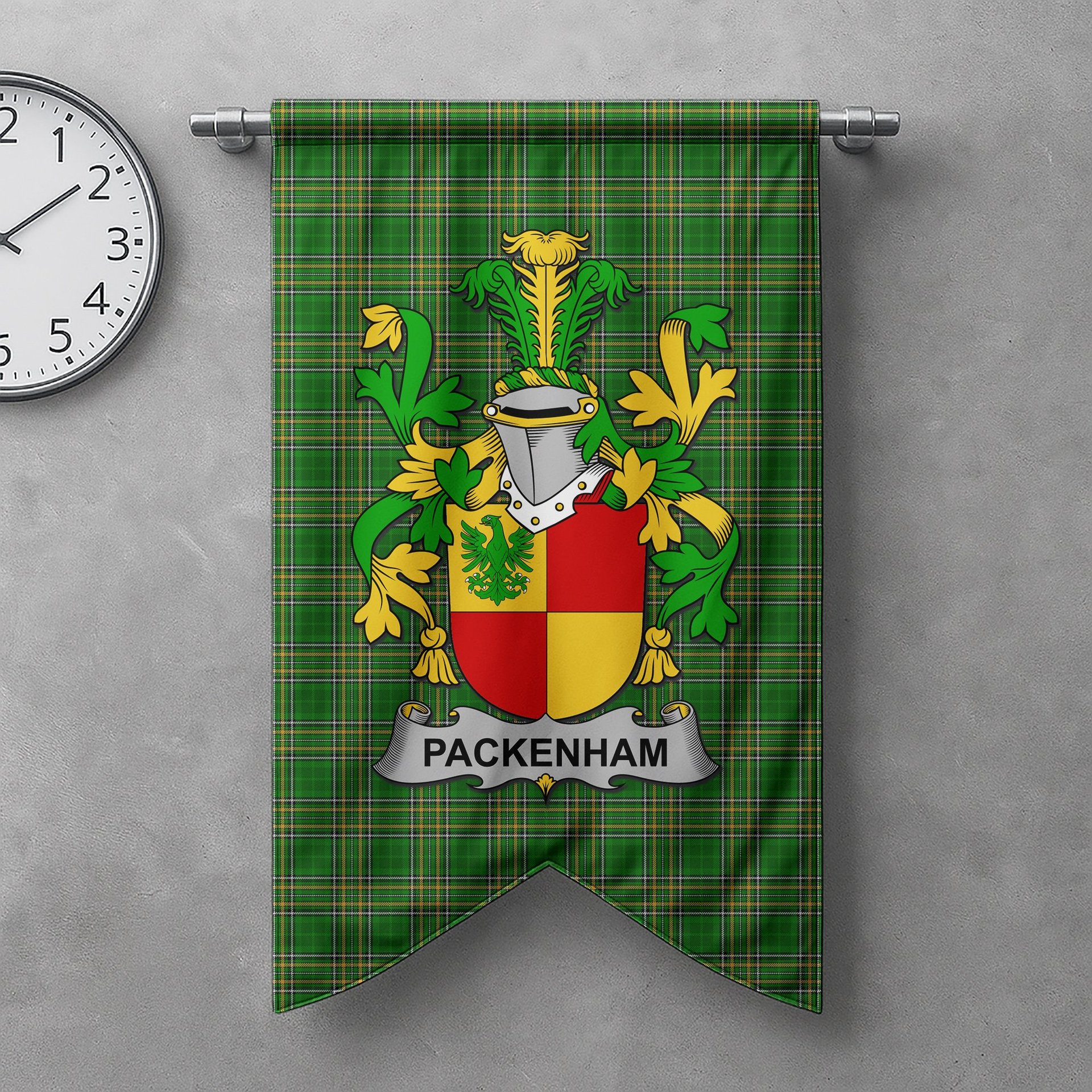 ScotsTee Shop Irish Packenham Clan Coat of Arms Irish Tartan Gonfalon Flag