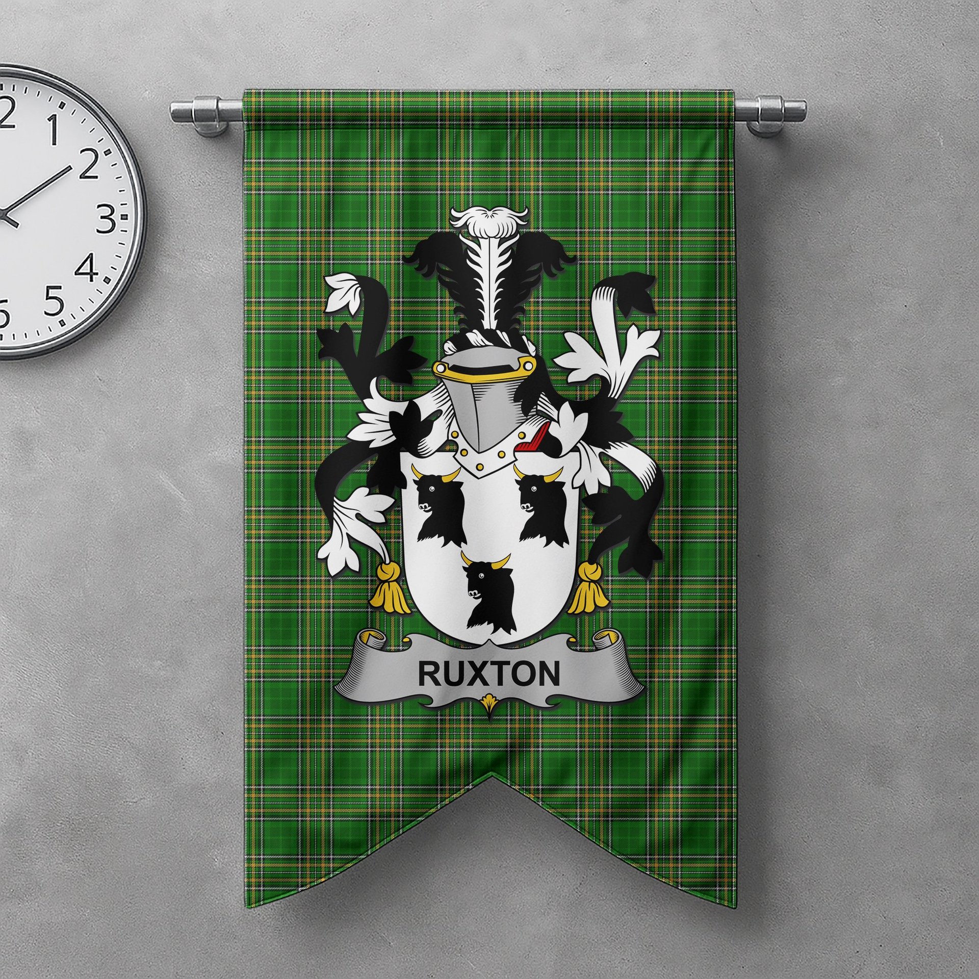 ScotsTee Shop Irish Ruxton Clan Coat of Arms Irish Tartan Gonfalon Flag