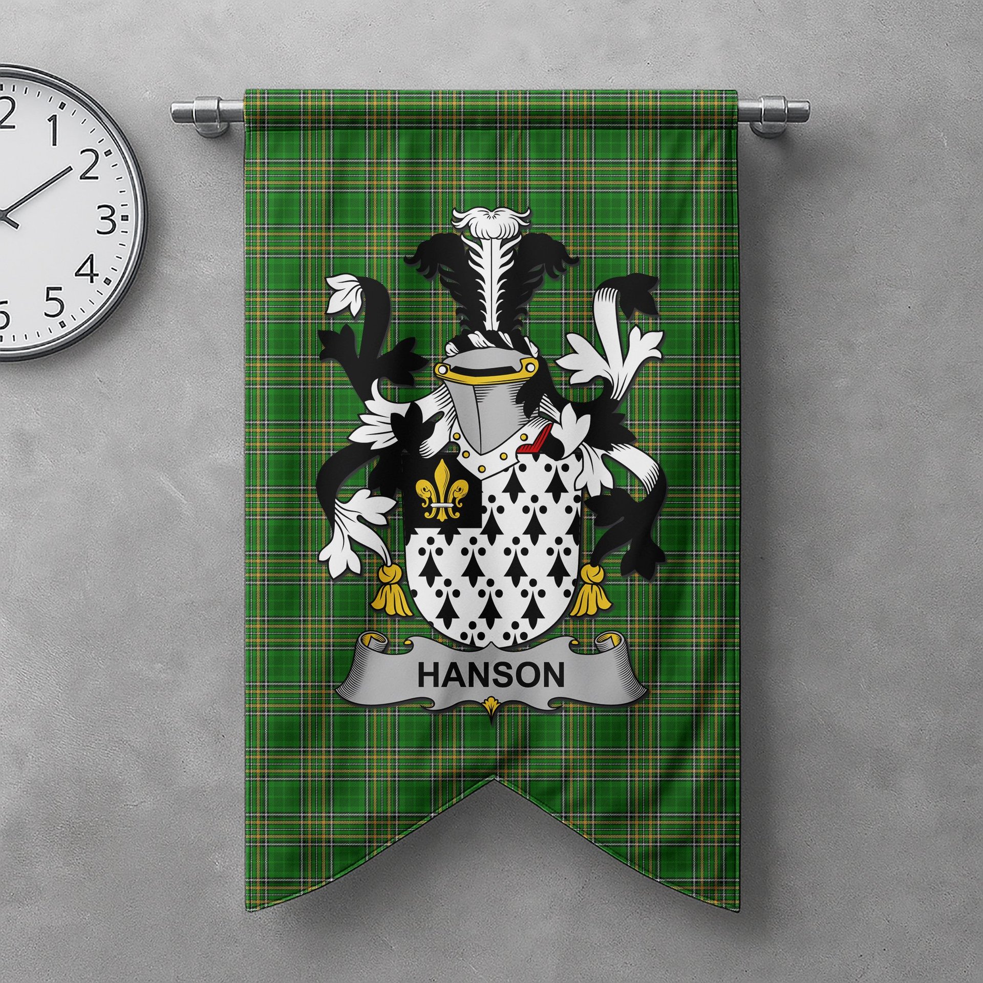 ScotsTee Shop Irish Hanson or O'Hanson Clan Coat of Arms Irish Tartan Gonfalon Flag