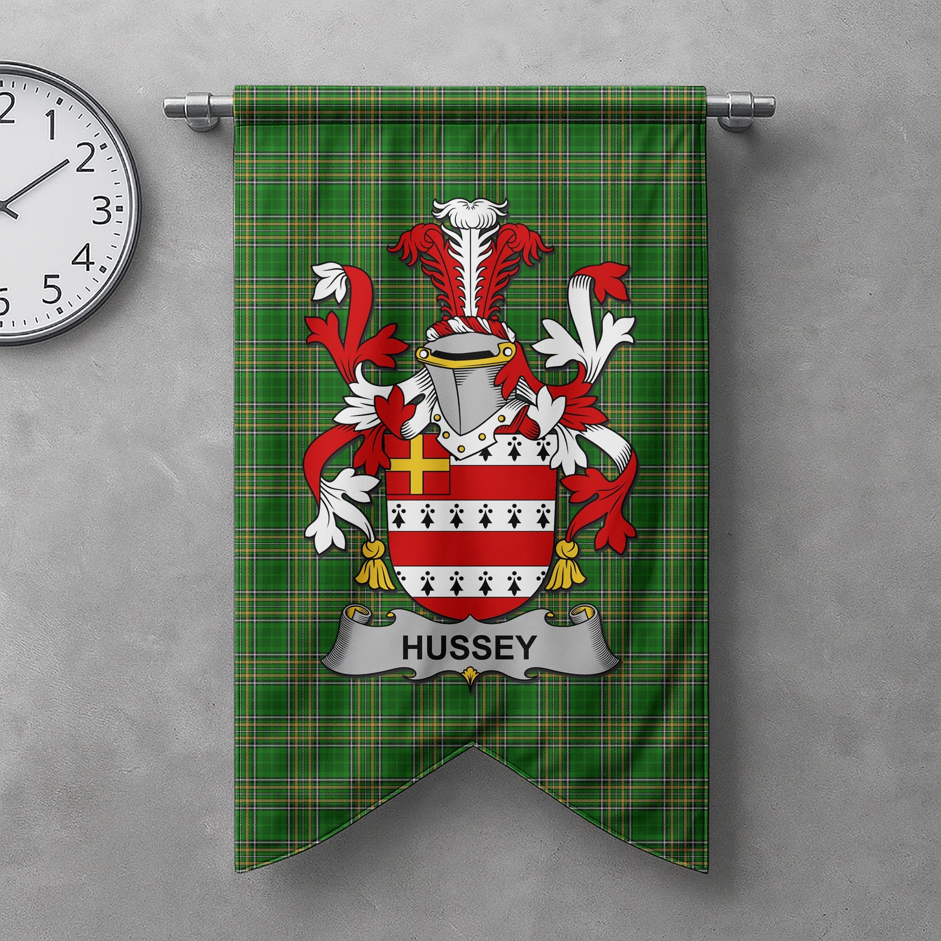 ScotsTee Shop Irish Hussey or O'Hosey Clan Coat of Arms Irish Tartan Gonfalon Flag