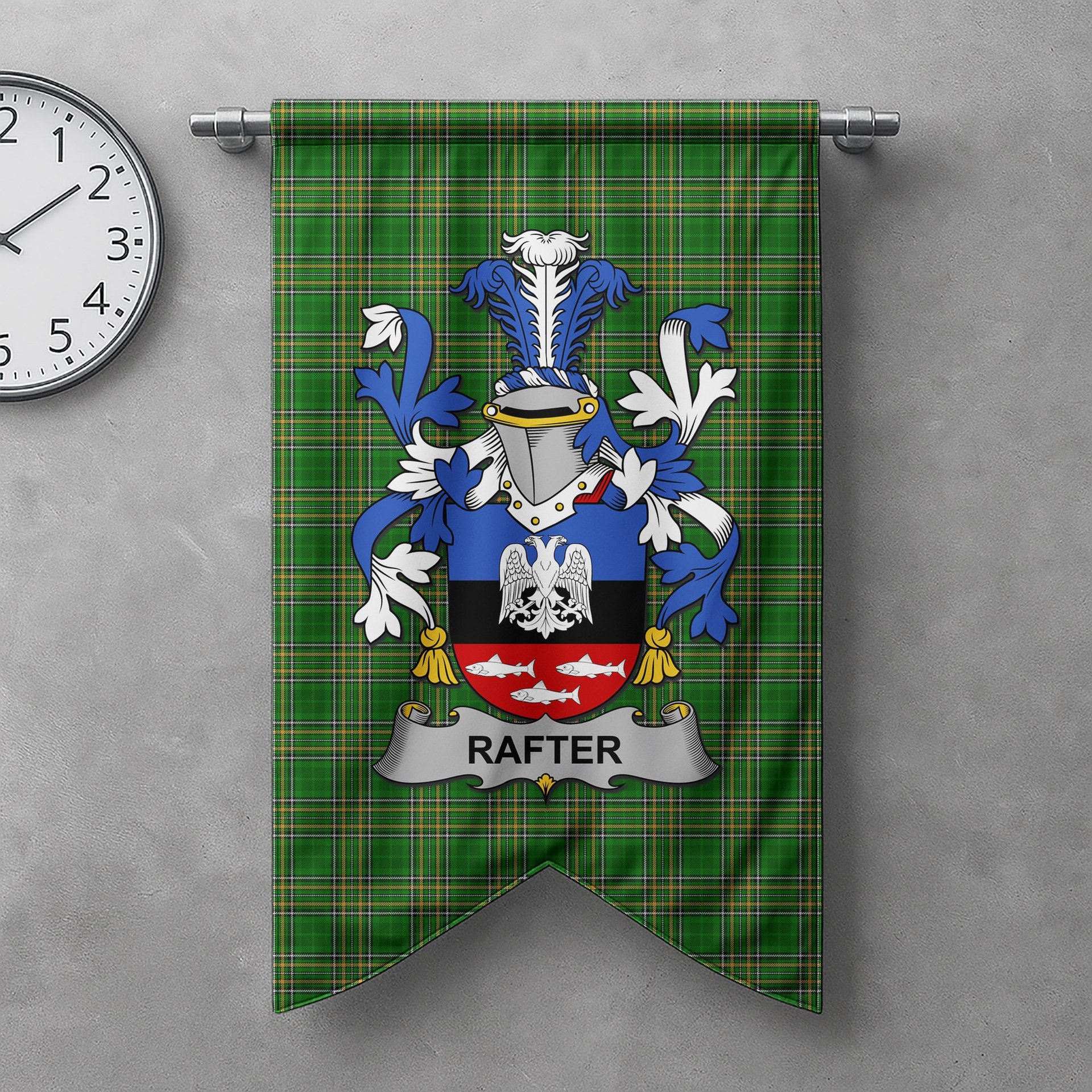 ScotsTee Shop Irish Rafter Clan Coat of Arms Irish Tartan Gonfalon Flag