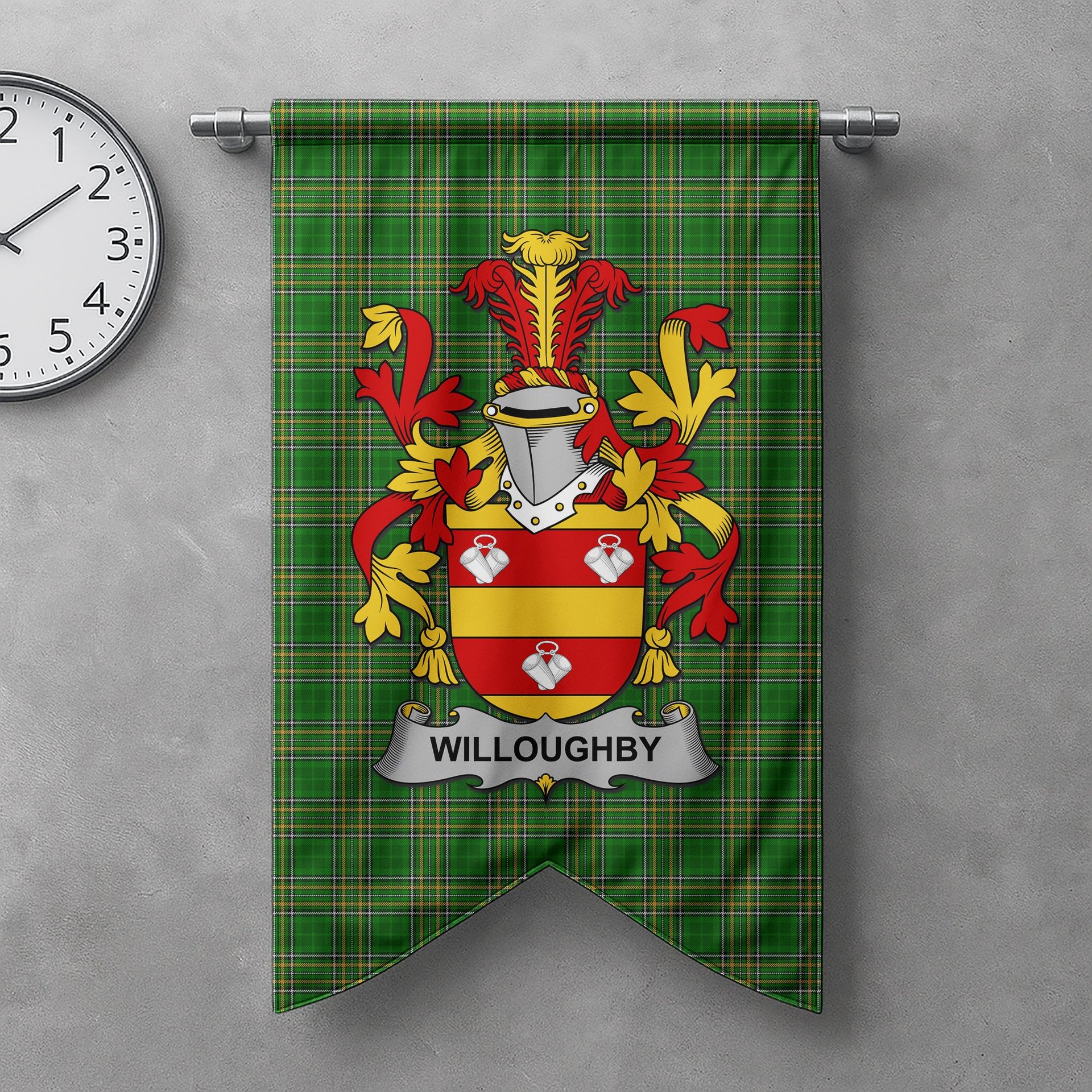 ScotsTee Shop Irish Willoughby Clan Coat of Arms Irish Tartan Gonfalon Flag