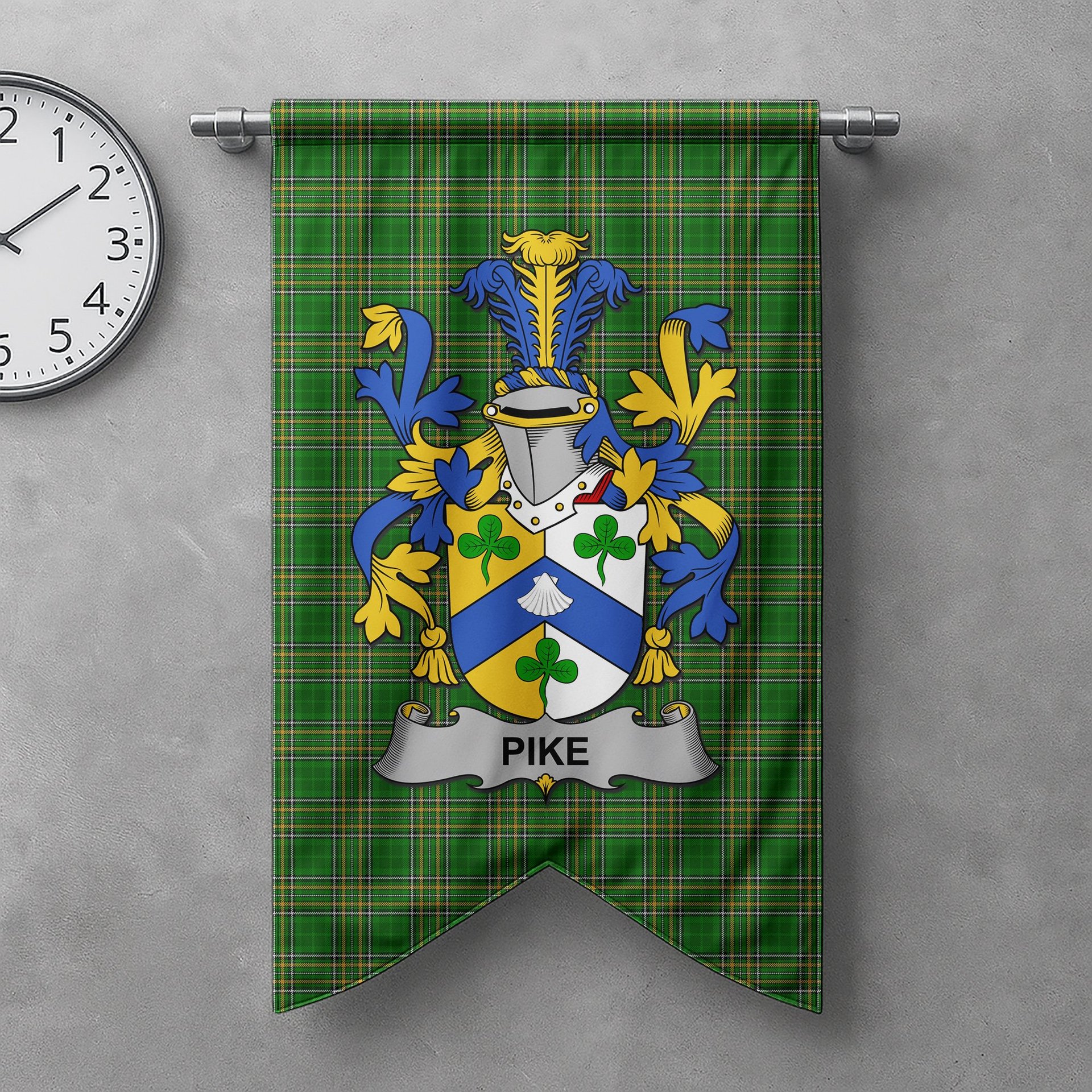 ScotsTee Shop Irish Pike Clan Coat of Arms Irish Tartan Gonfalon Flag