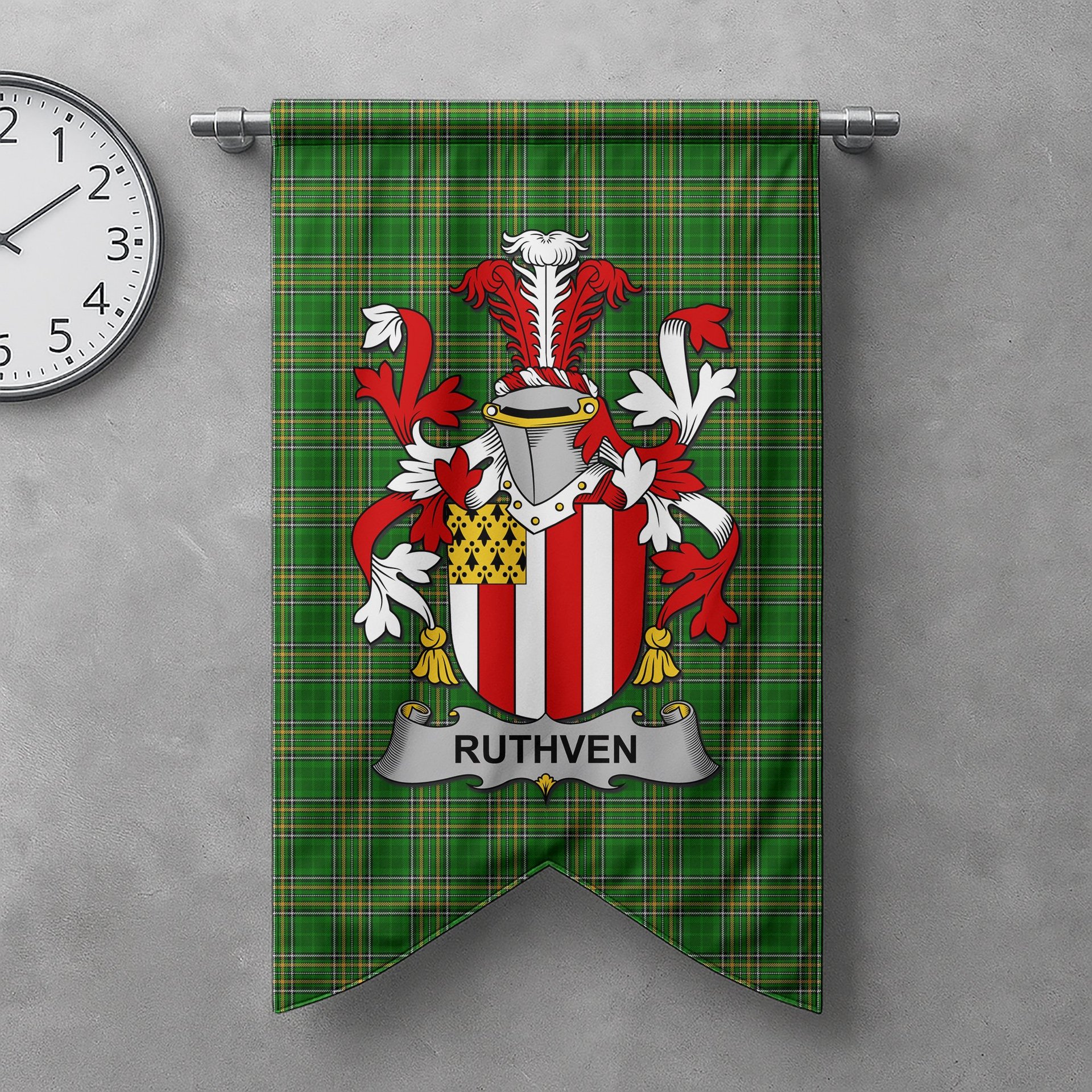ScotsTee Shop Irish Ruthven Clan Coat of Arms Irish Tartan Gonfalon Flag