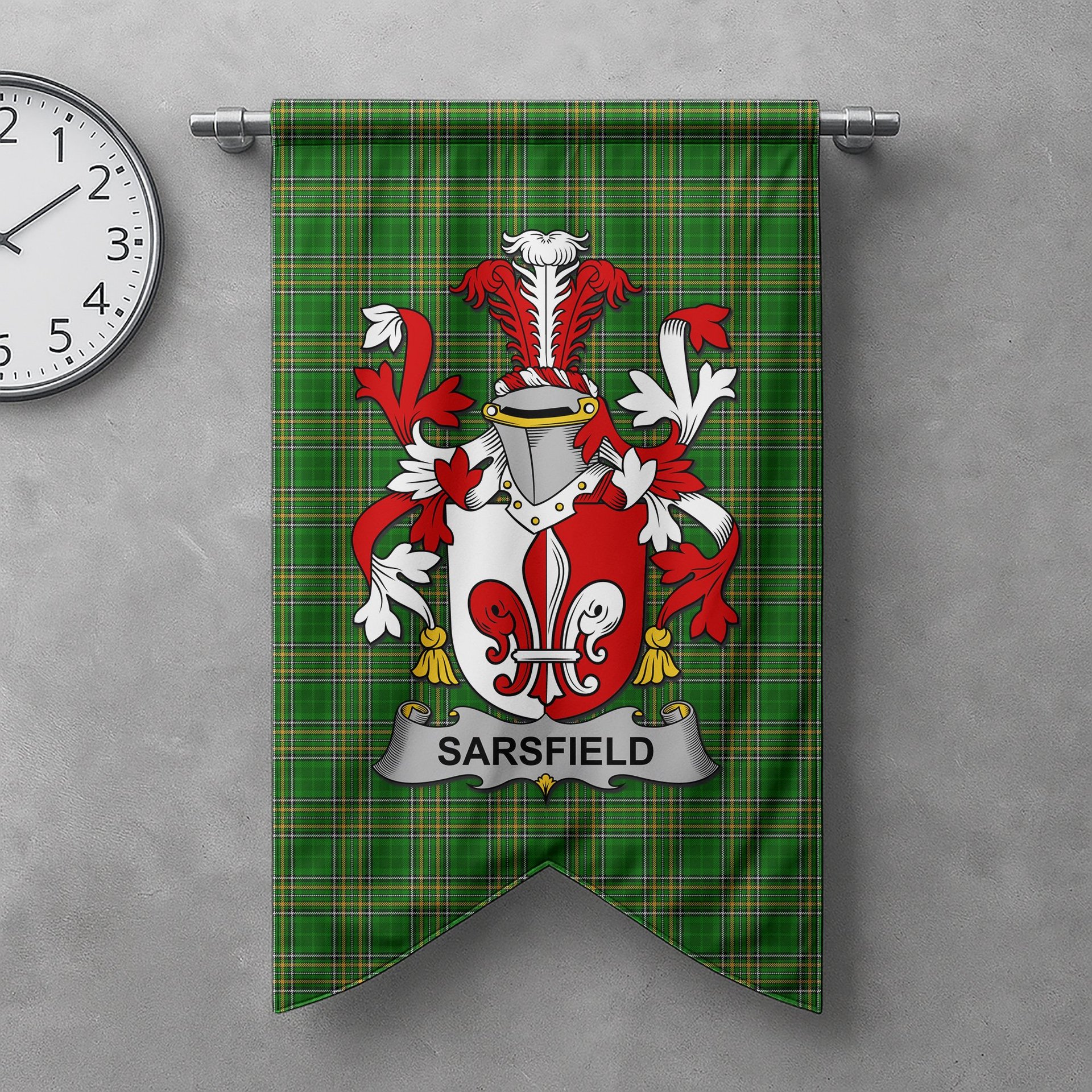 ScotsTee Shop Irish Sarsfield Clan Coat of Arms Irish Tartan Gonfalon Flag
