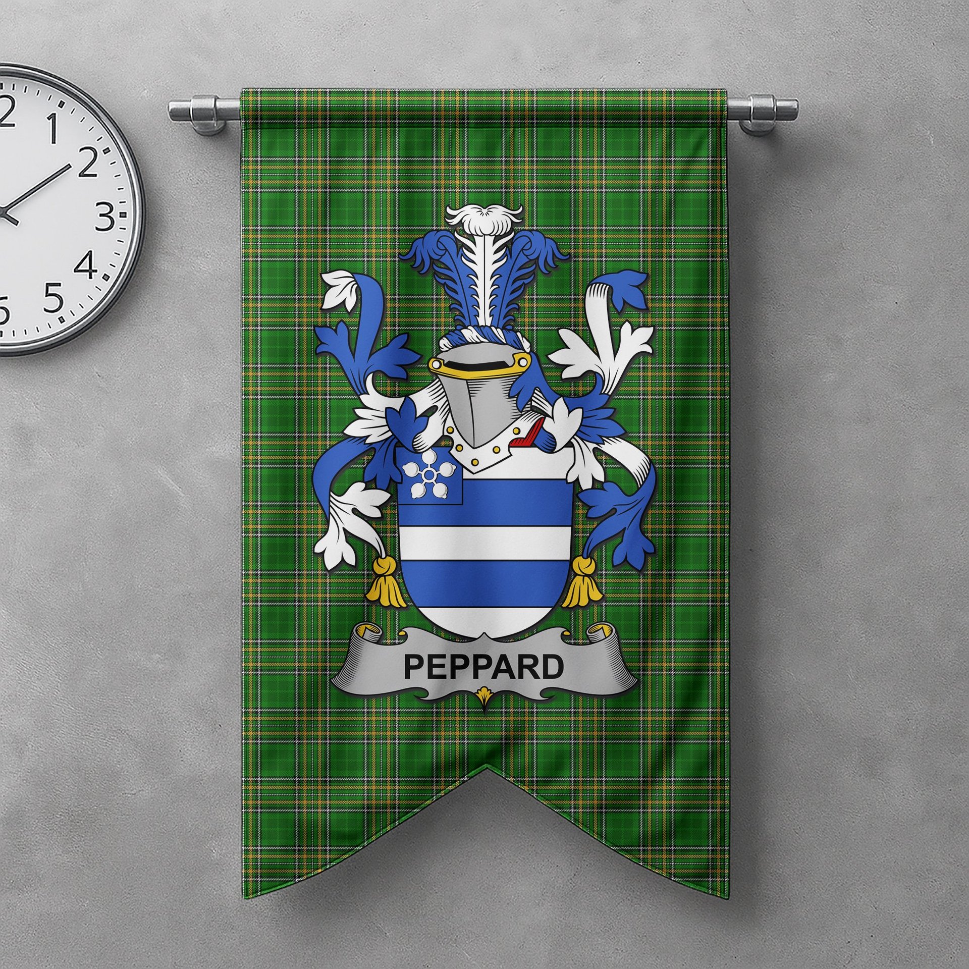 ScotsTee Shop Irish Peppard Clan Coat of Arms Irish Tartan Gonfalon Flag