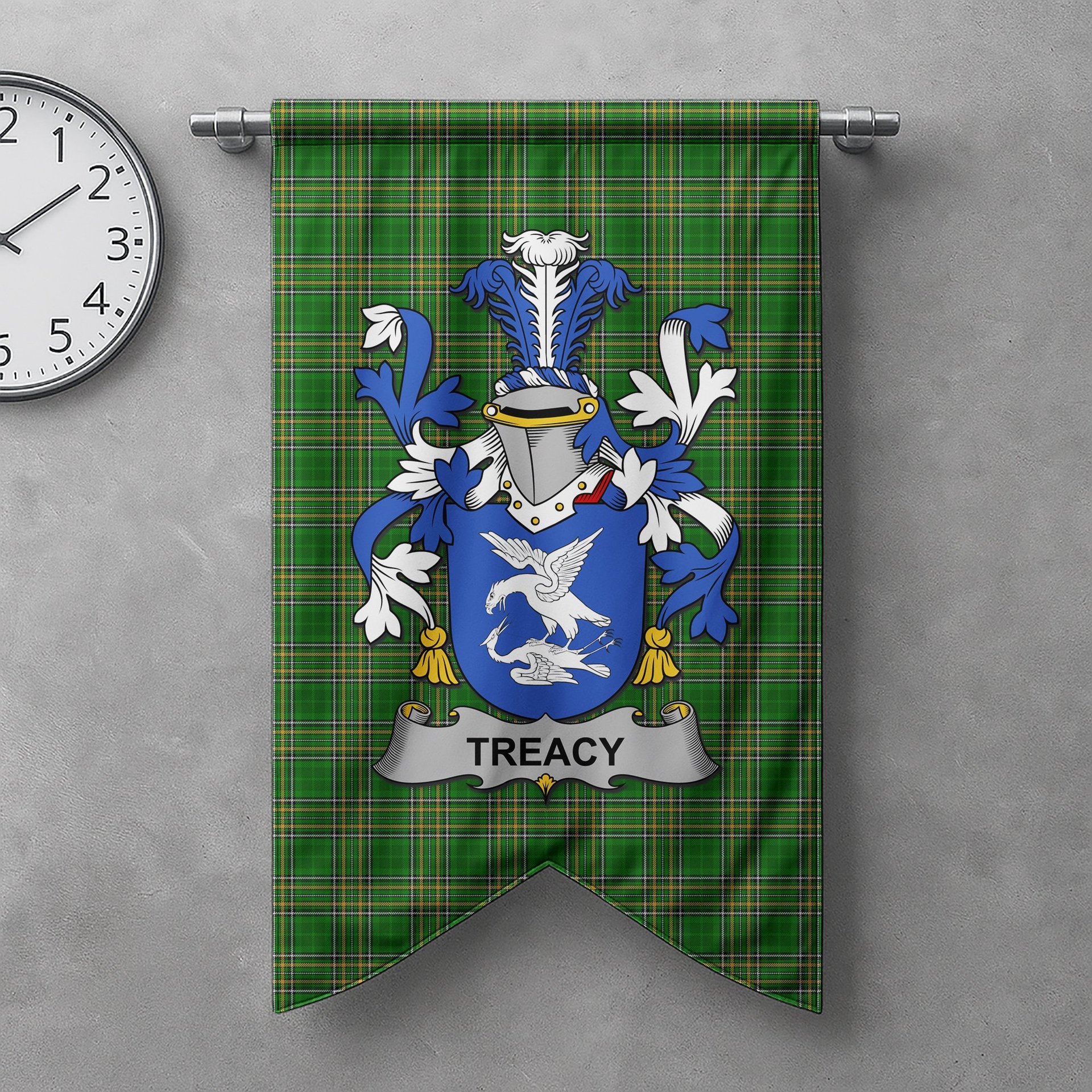 ScotsTee Shop Irish Treacy or Tracy Clan Coat of Arms Irish Tartan Gonfalon Flag