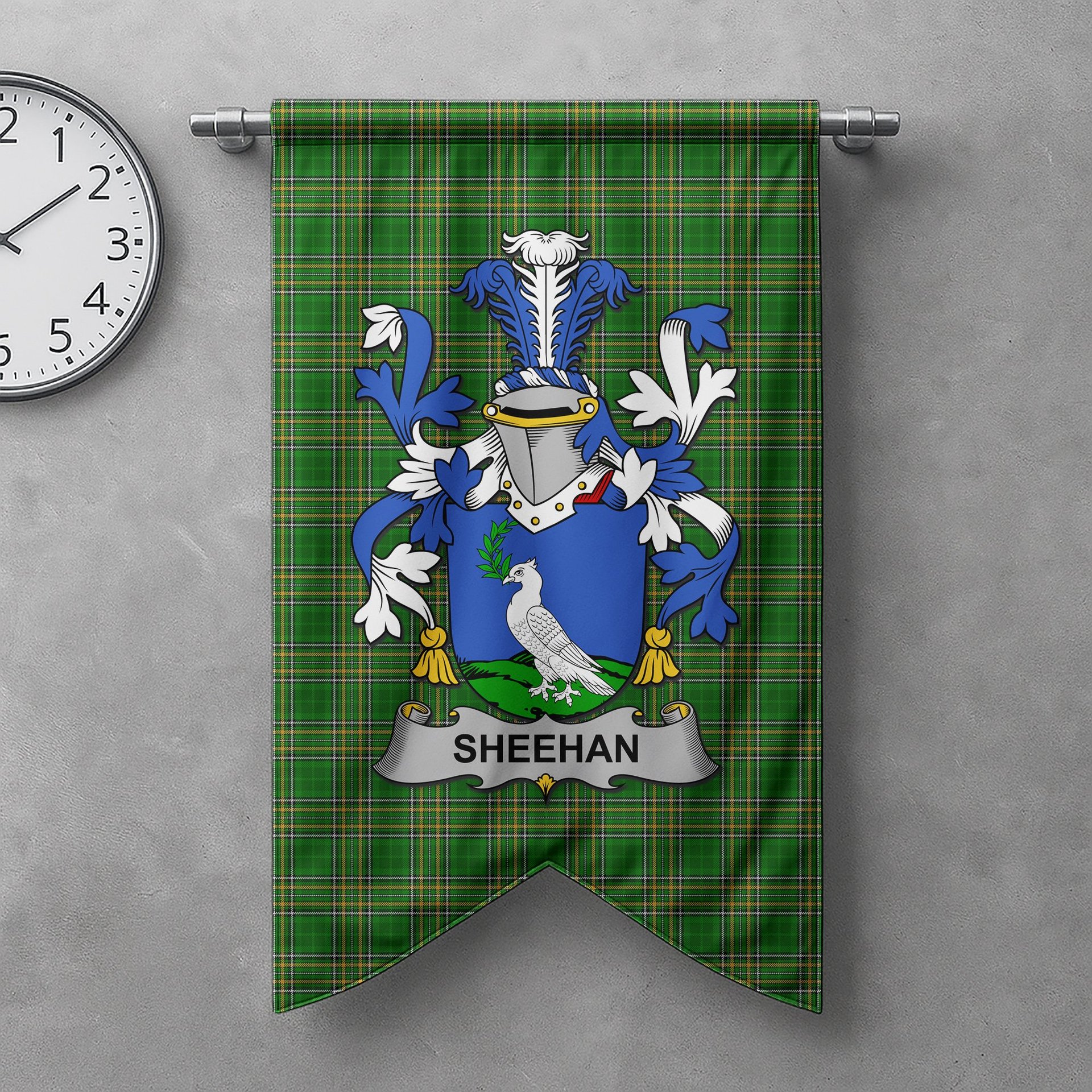 ScotsTee Shop Irish Sheehan or O'Sheehan Clan Coat of Arms Irish Tartan Gonfalon Flag