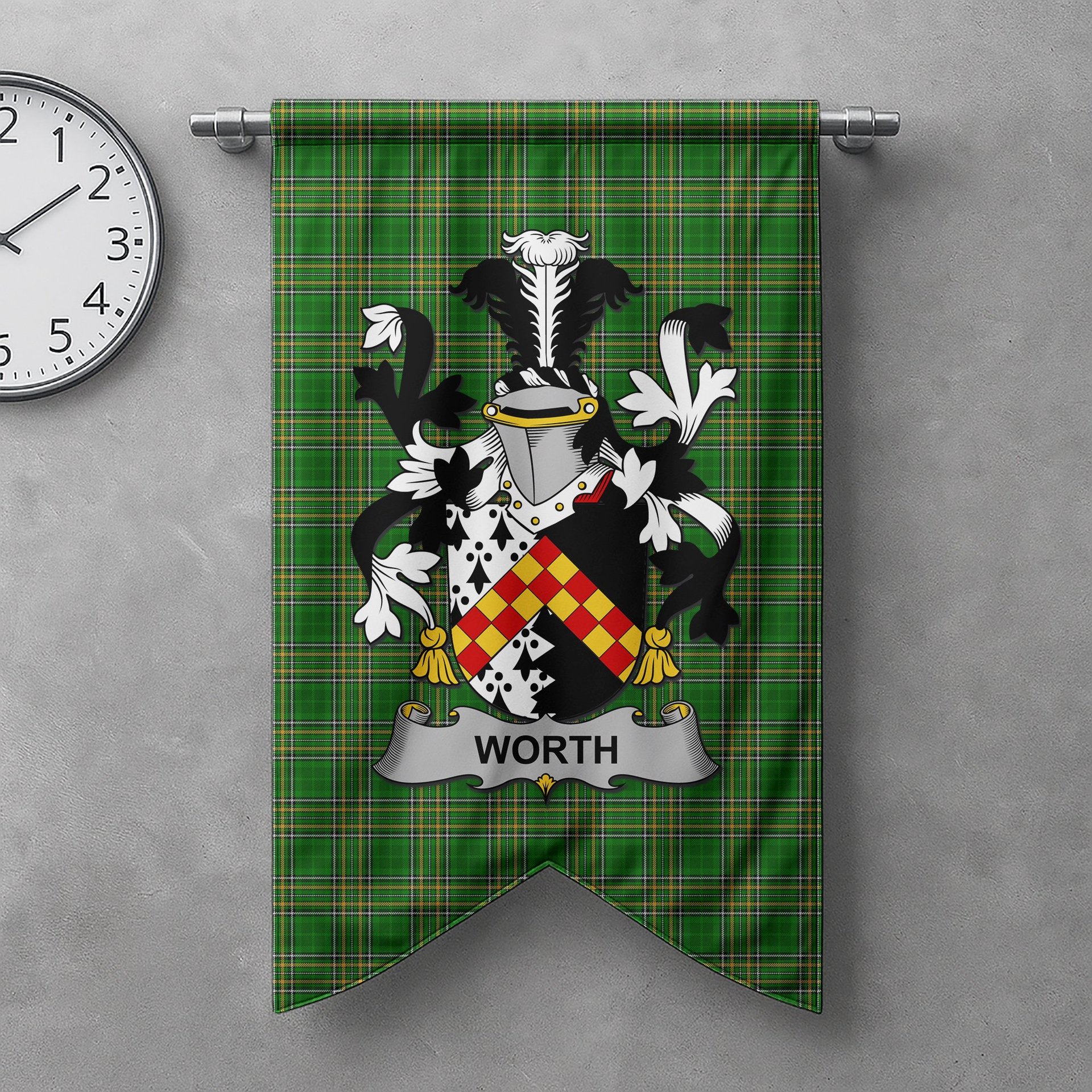 ScotsTee Shop Irish Worth or McWorth Clan Coat of Arms Irish Tartan Gonfalon Flag