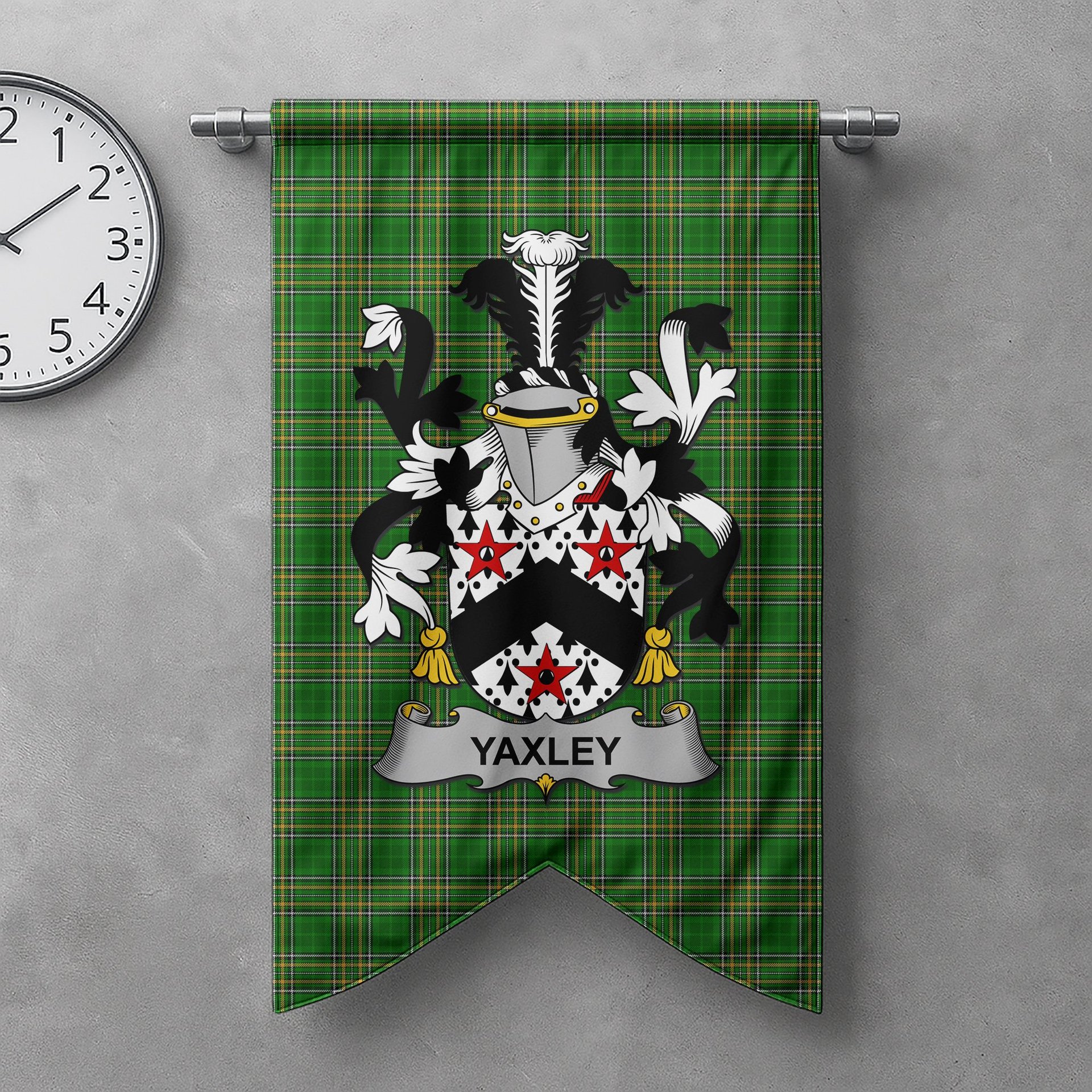 ScotsTee Shop Irish Yaxley Clan Coat of Arms Irish Tartan Gonfalon Flag