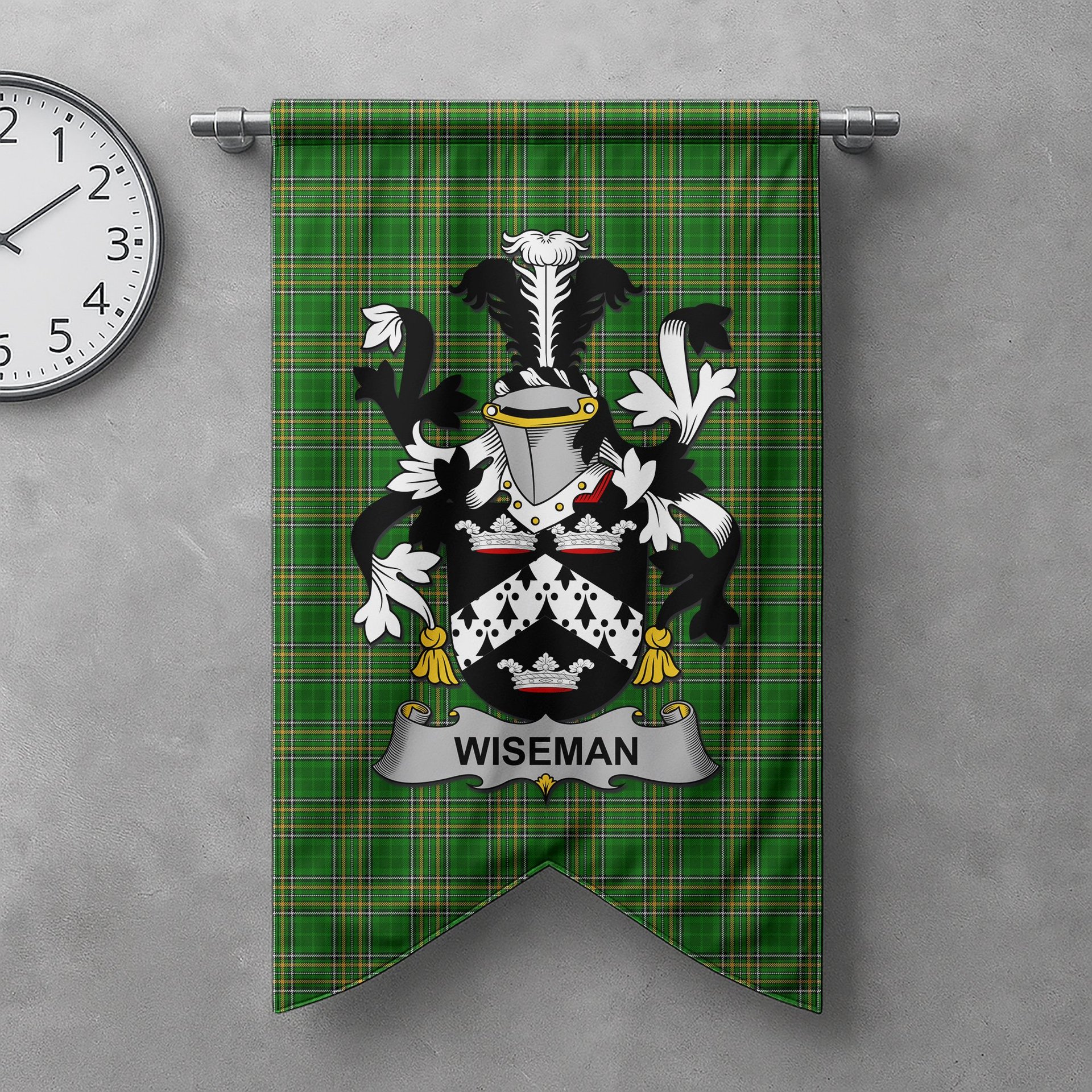 ScotsTee Shop Irish Wiseman Clan Coat of Arms Irish Tartan Gonfalon Flag