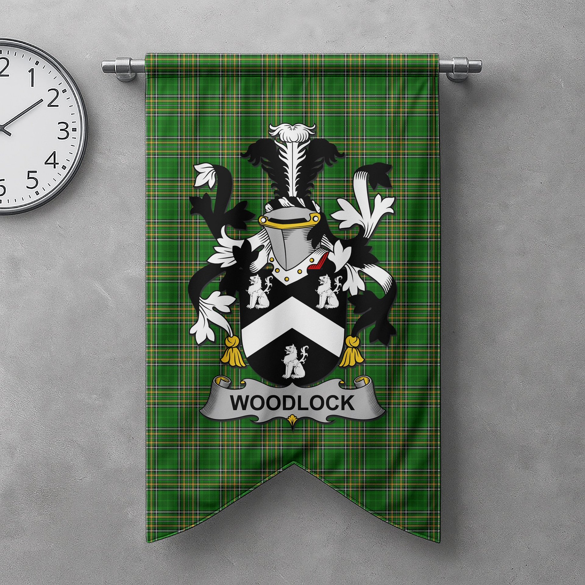 ScotsTee Shop Irish Woodlock Clan Coat of Arms Irish Tartan Gonfalon Flag