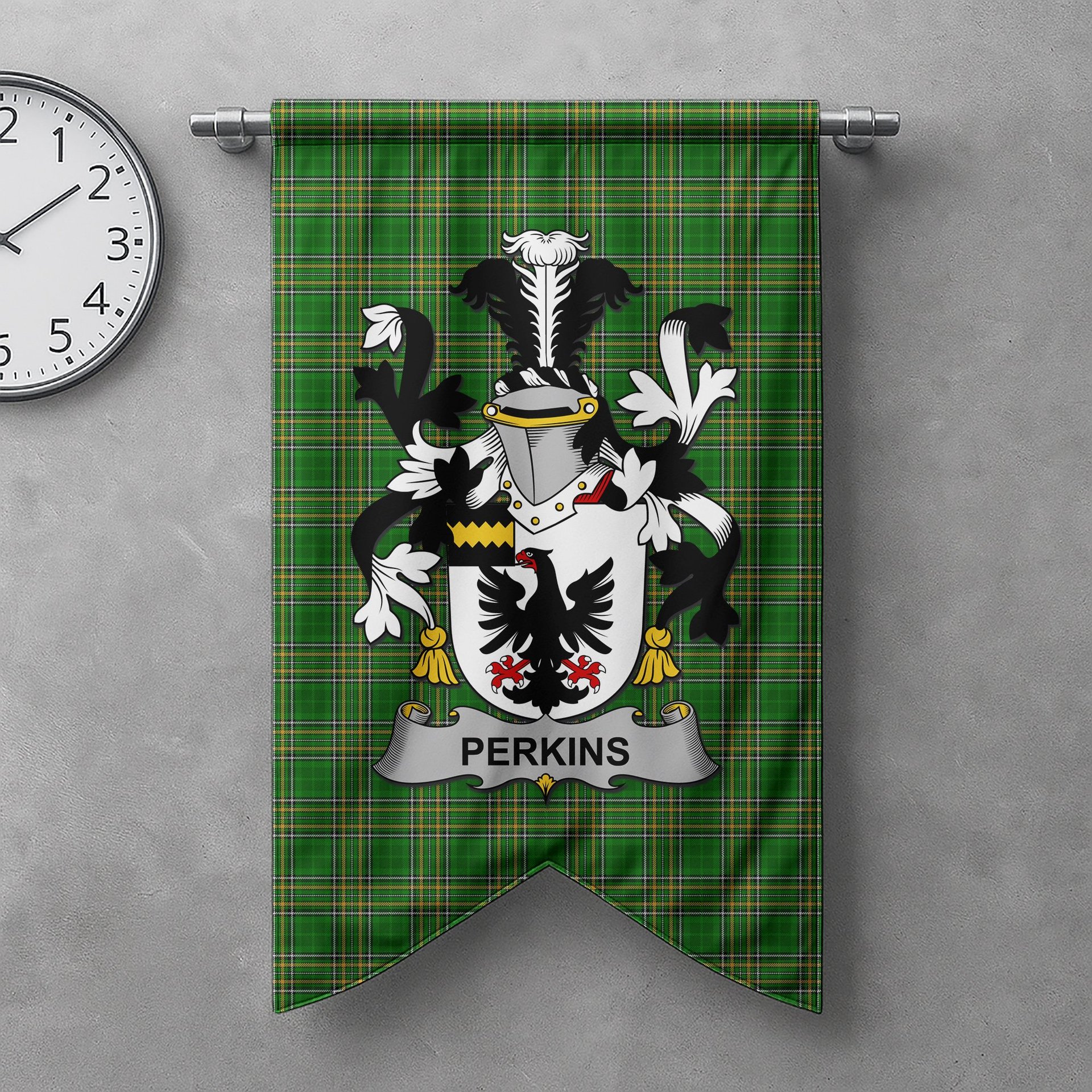 ScotsTee Shop Irish Perkins Clan Coat of Arms Irish Tartan Gonfalon Flag