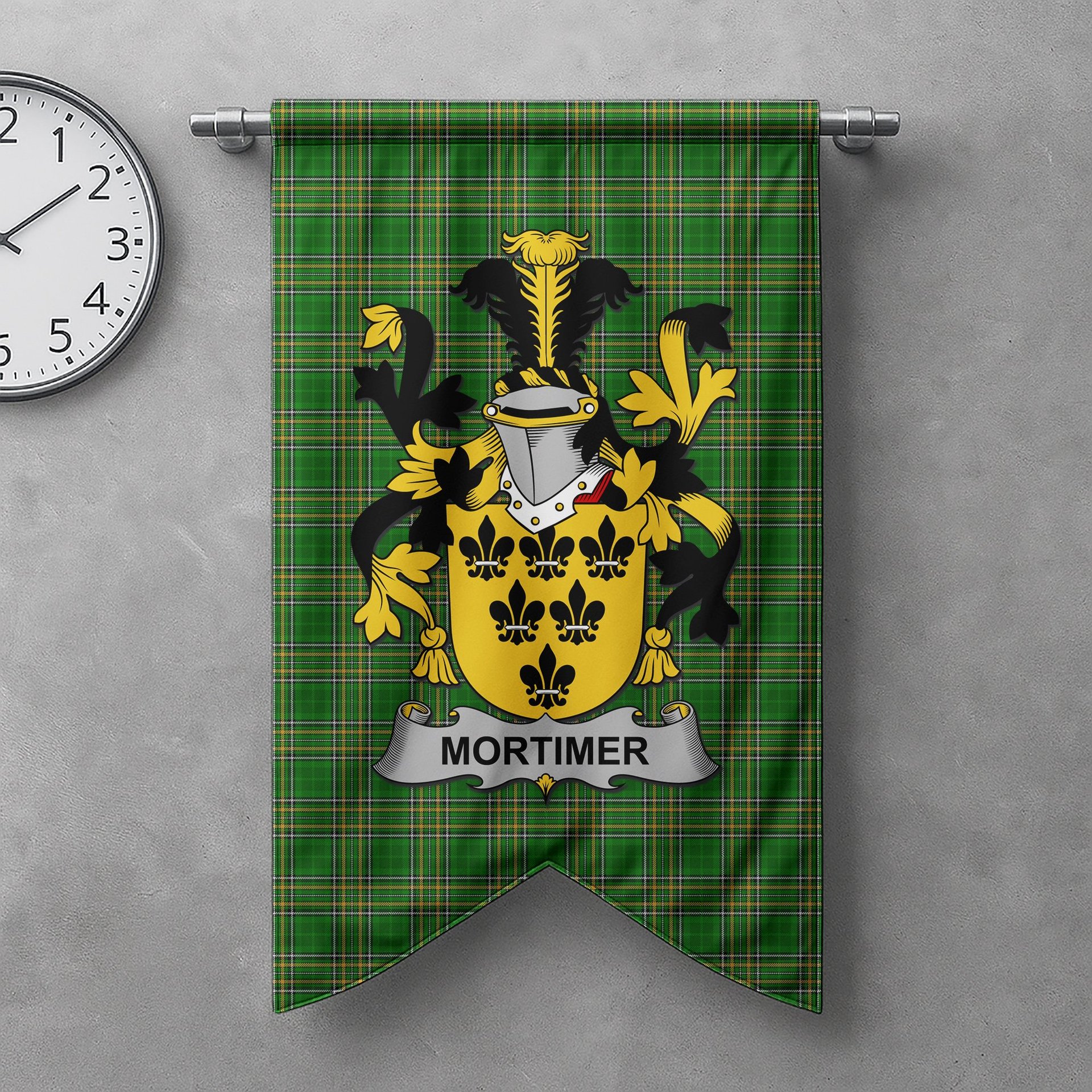 ScotsTee Shop Irish Mortimer Clan Coat of Arms Irish Tartan Gonfalon Flag