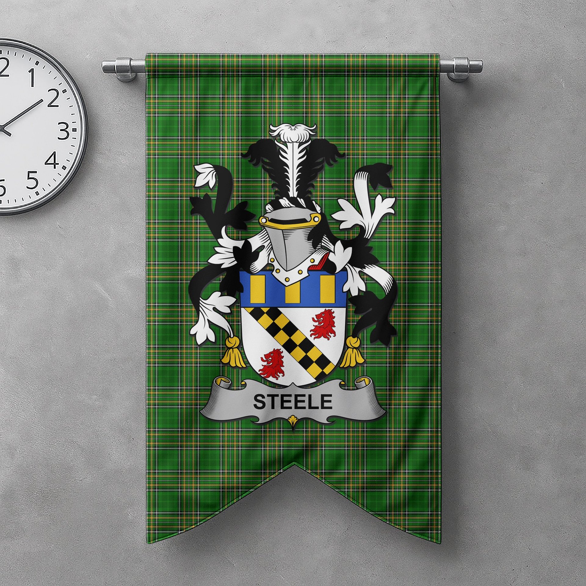 ScotsTee Shop Irish Steele Clan Coat of Arms Irish Tartan Gonfalon Flag
