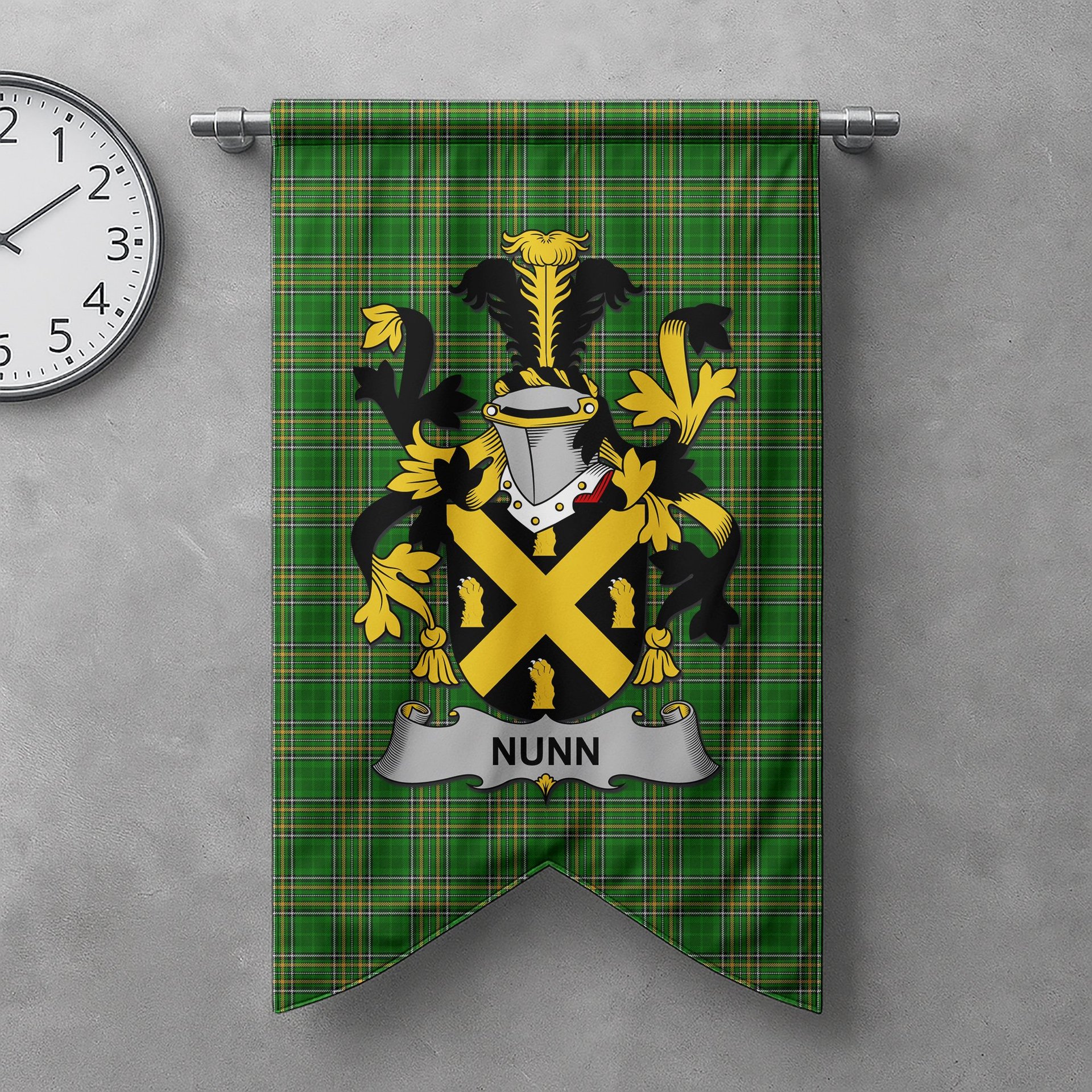 ScotsTee Shop Irish Nunn Clan Coat of Arms Irish Tartan Gonfalon Flag