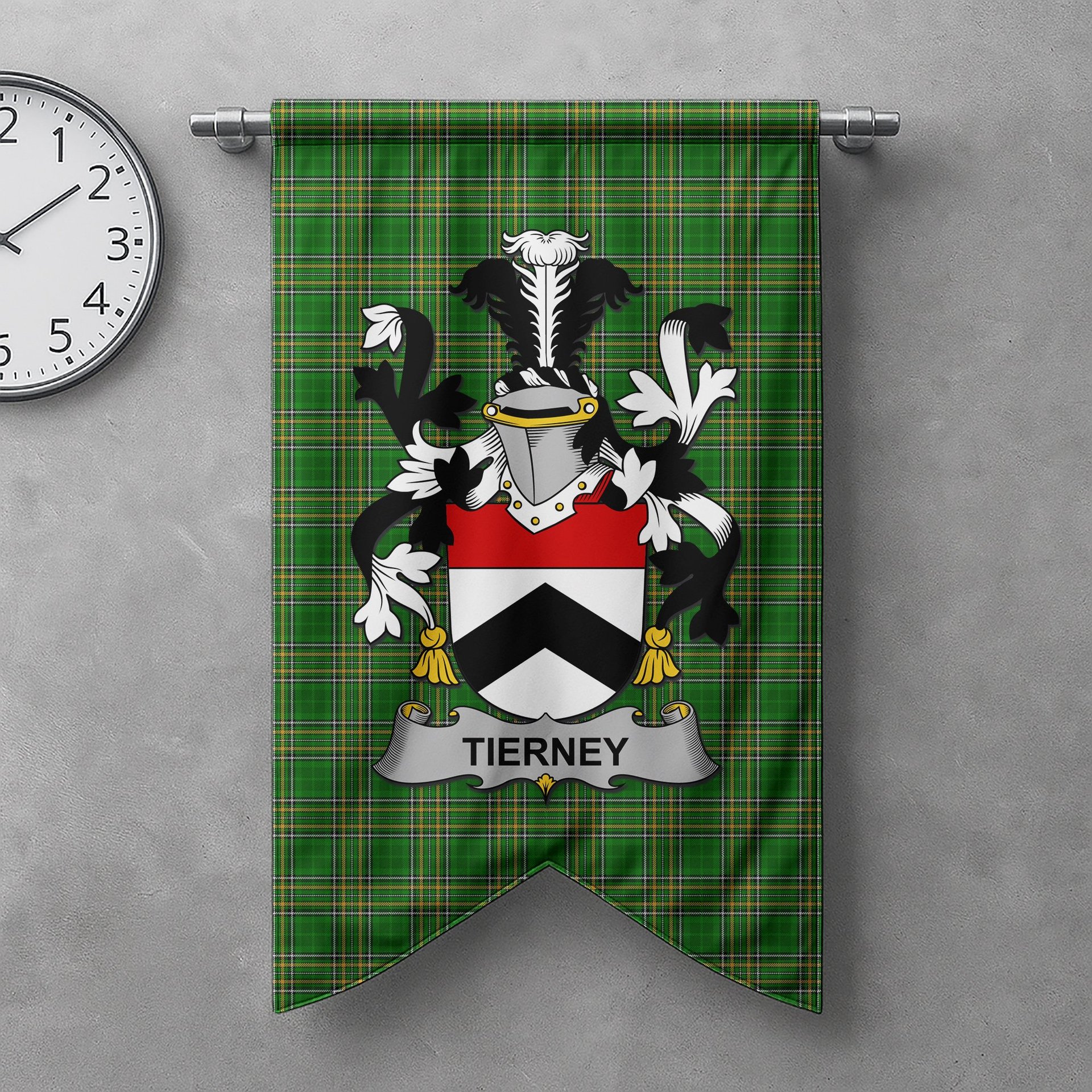 ScotsTee Shop Irish Tierney Clan Coat of Arms Irish Tartan Gonfalon Flag