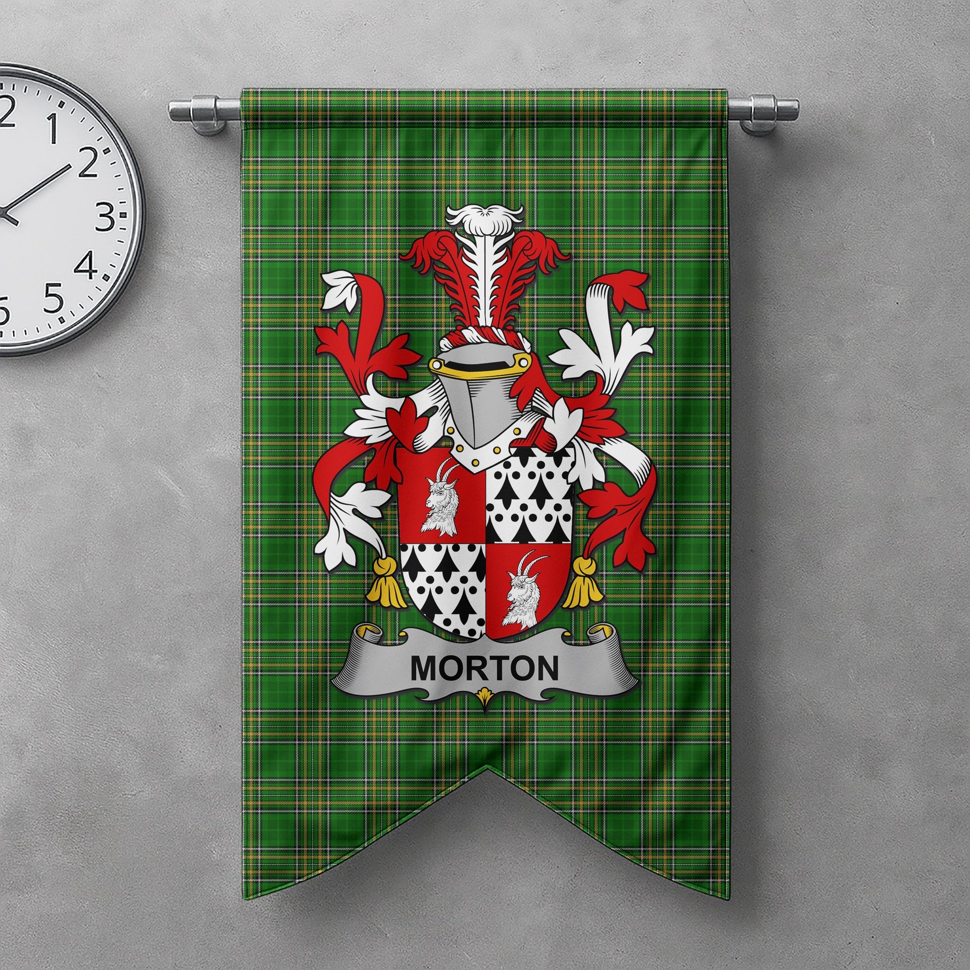 ScotsTee Shop Irish Morton Clan Coat of Arms Irish Tartan Gonfalon Flag