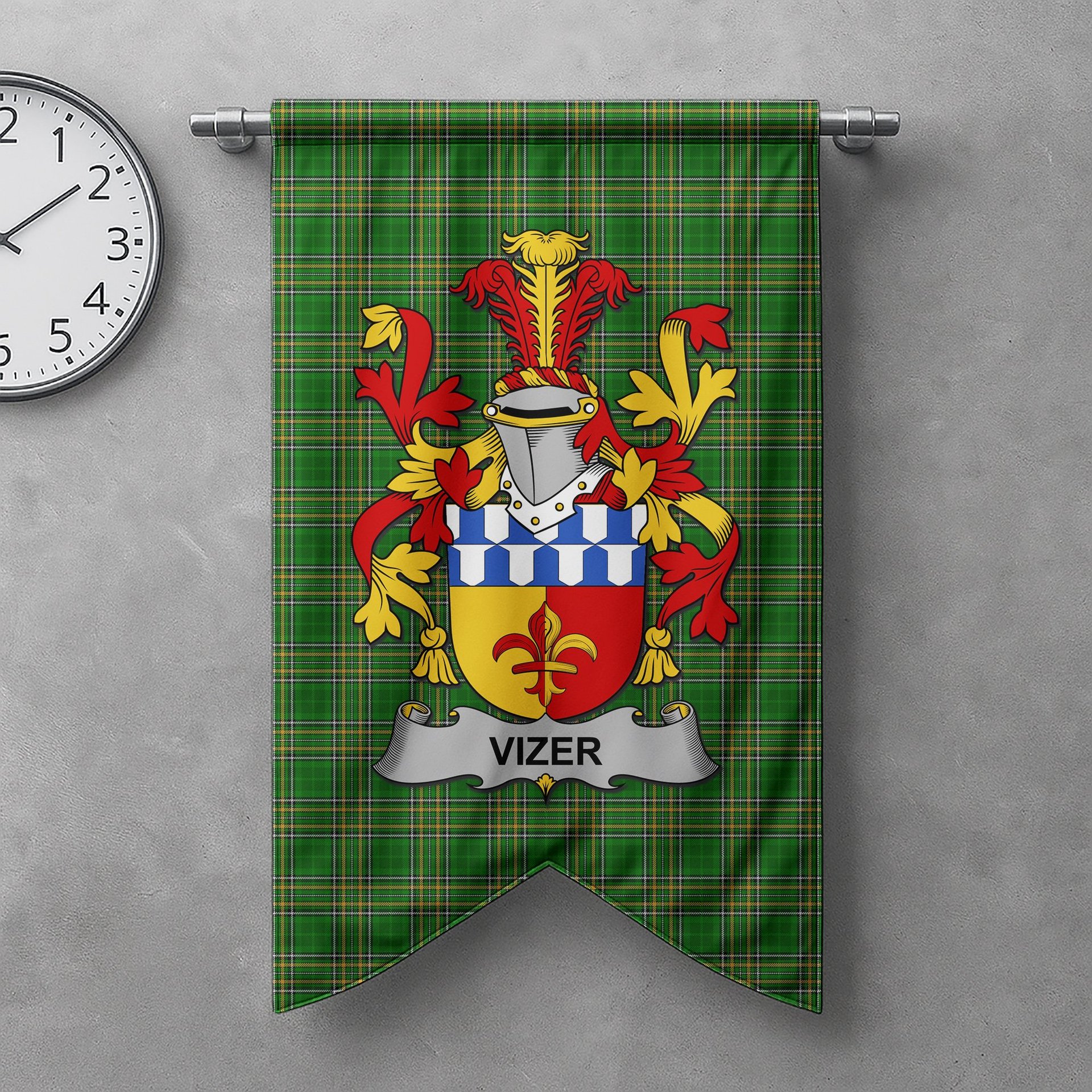 ScotsTee Shop Irish Vizer Clan Coat of Arms Irish Tartan Gonfalon Flag