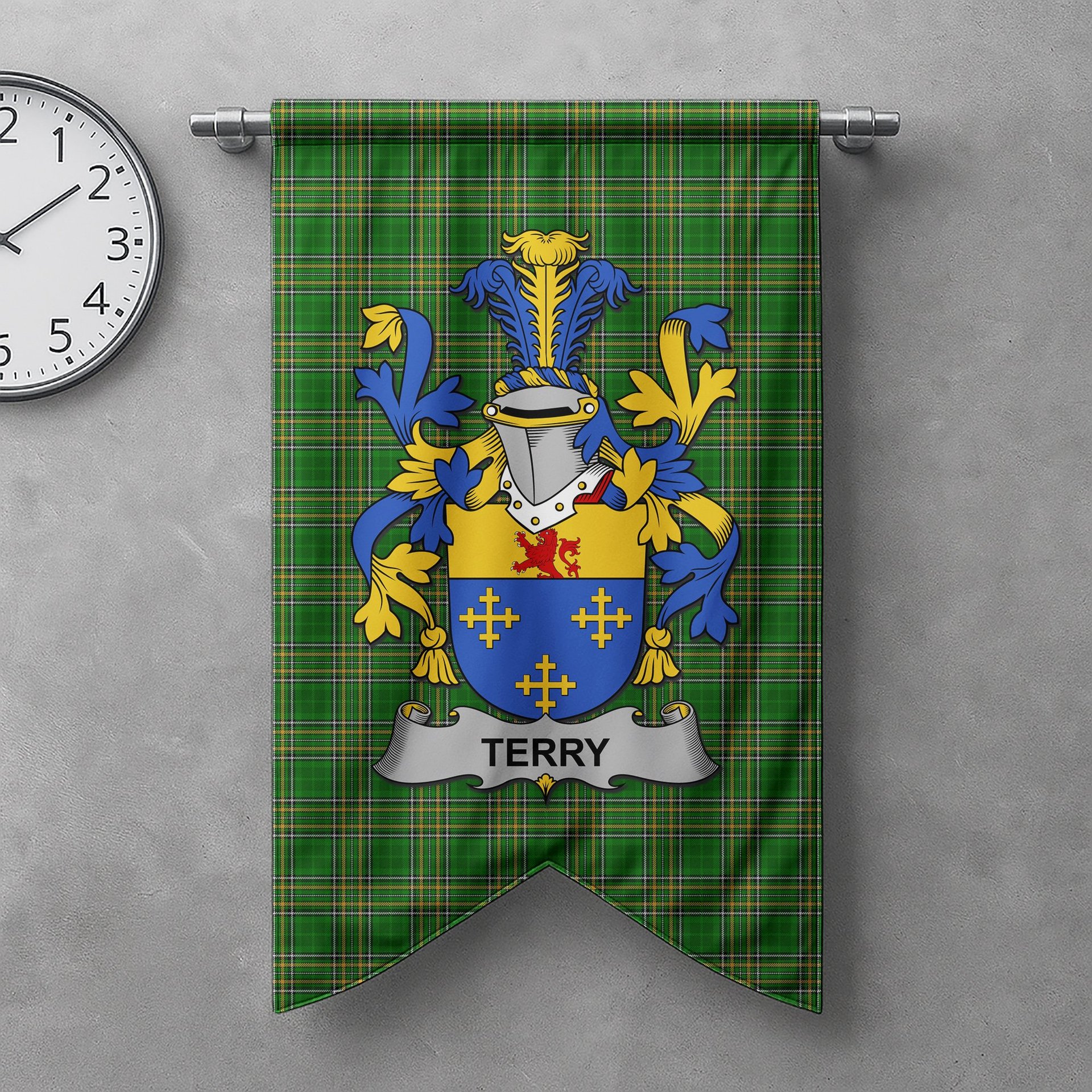 ScotsTee Shop Irish Terry Clan Coat of Arms Irish Tartan Gonfalon Flag
