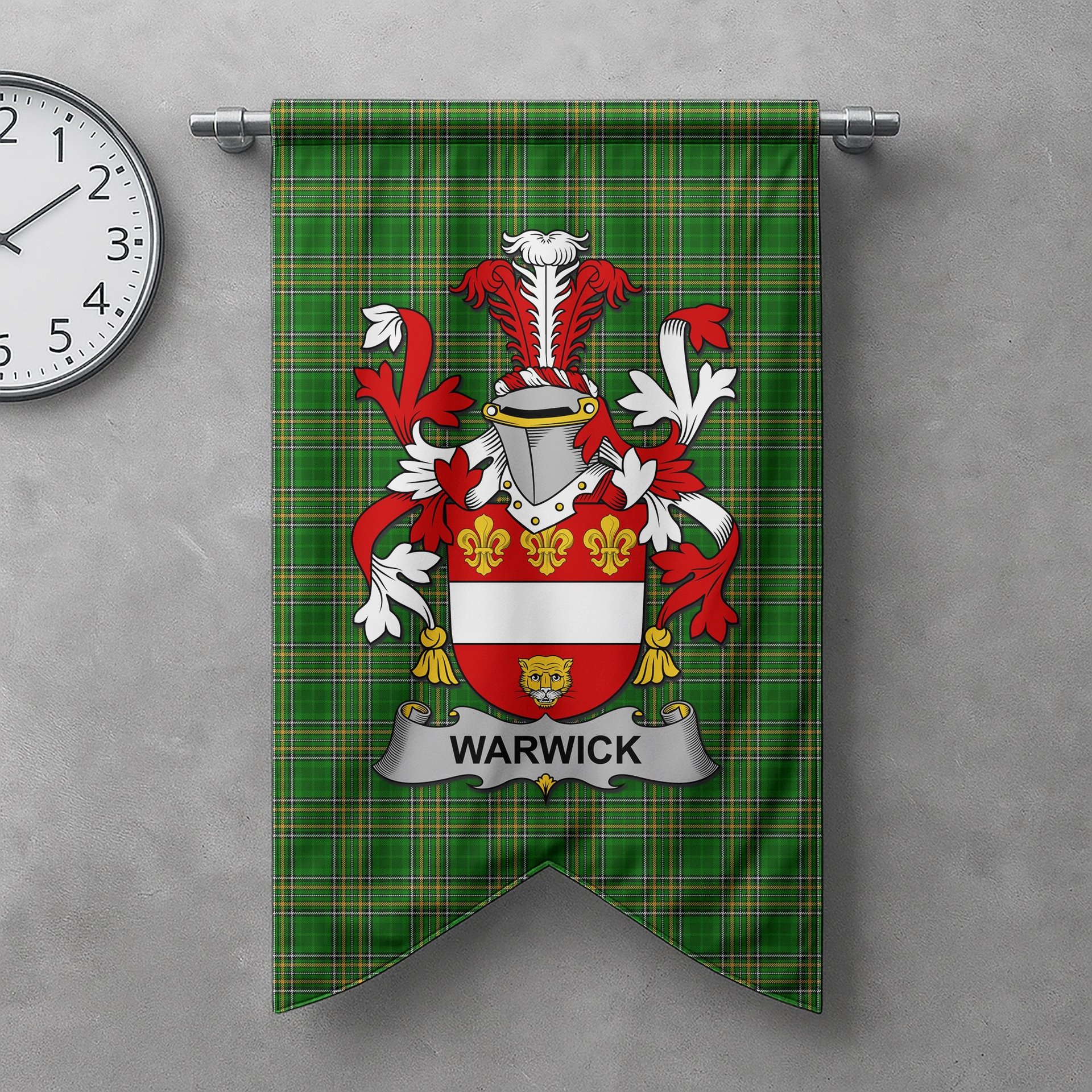 ScotsTee Shop Irish Warwick Clan Coat of Arms Irish Tartan Gonfalon Flag